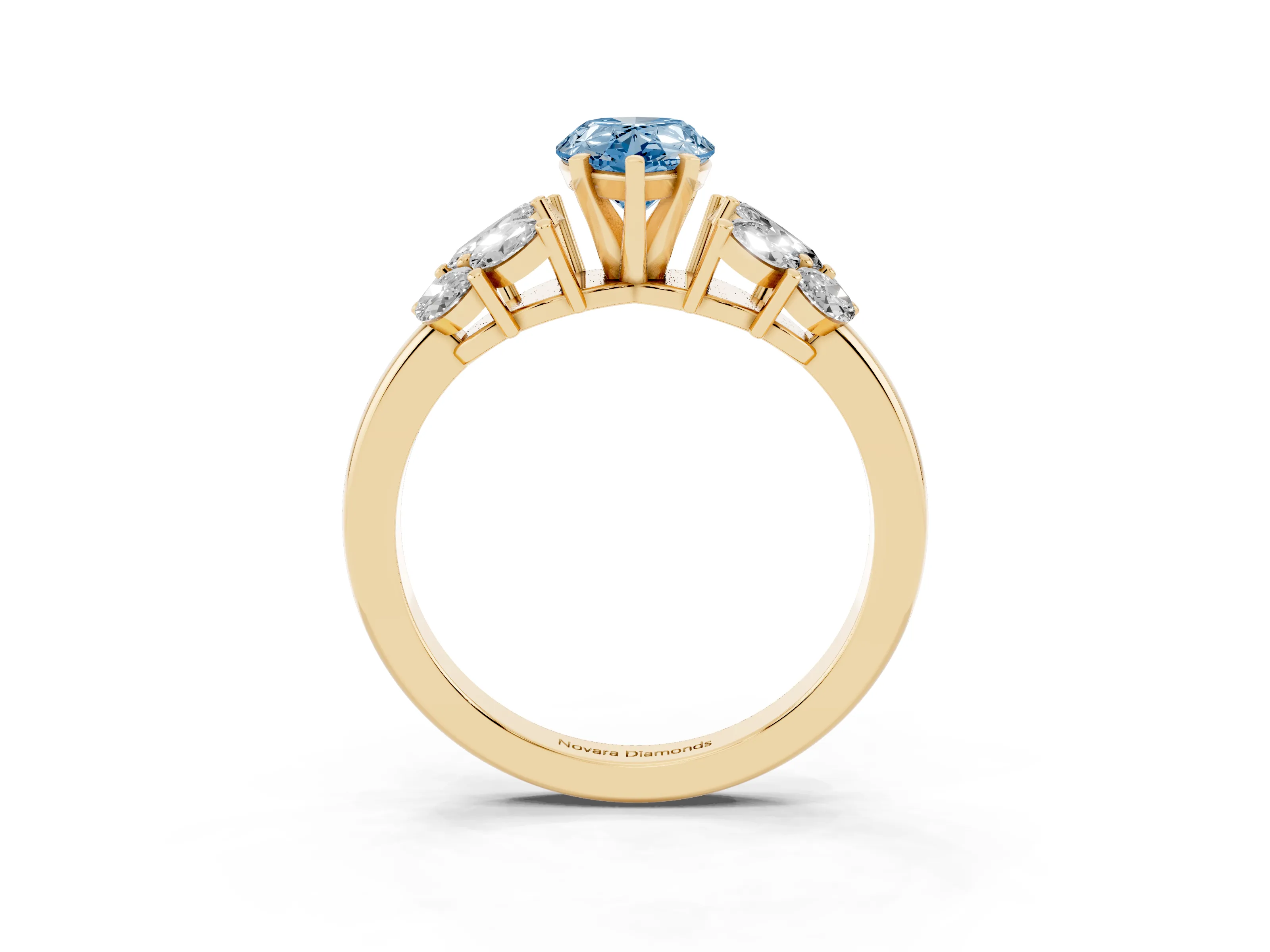 Fancy Blue Pear Cut Diamond Cluster Leaf Design Ring Set in Yellow gold with Prong Setting