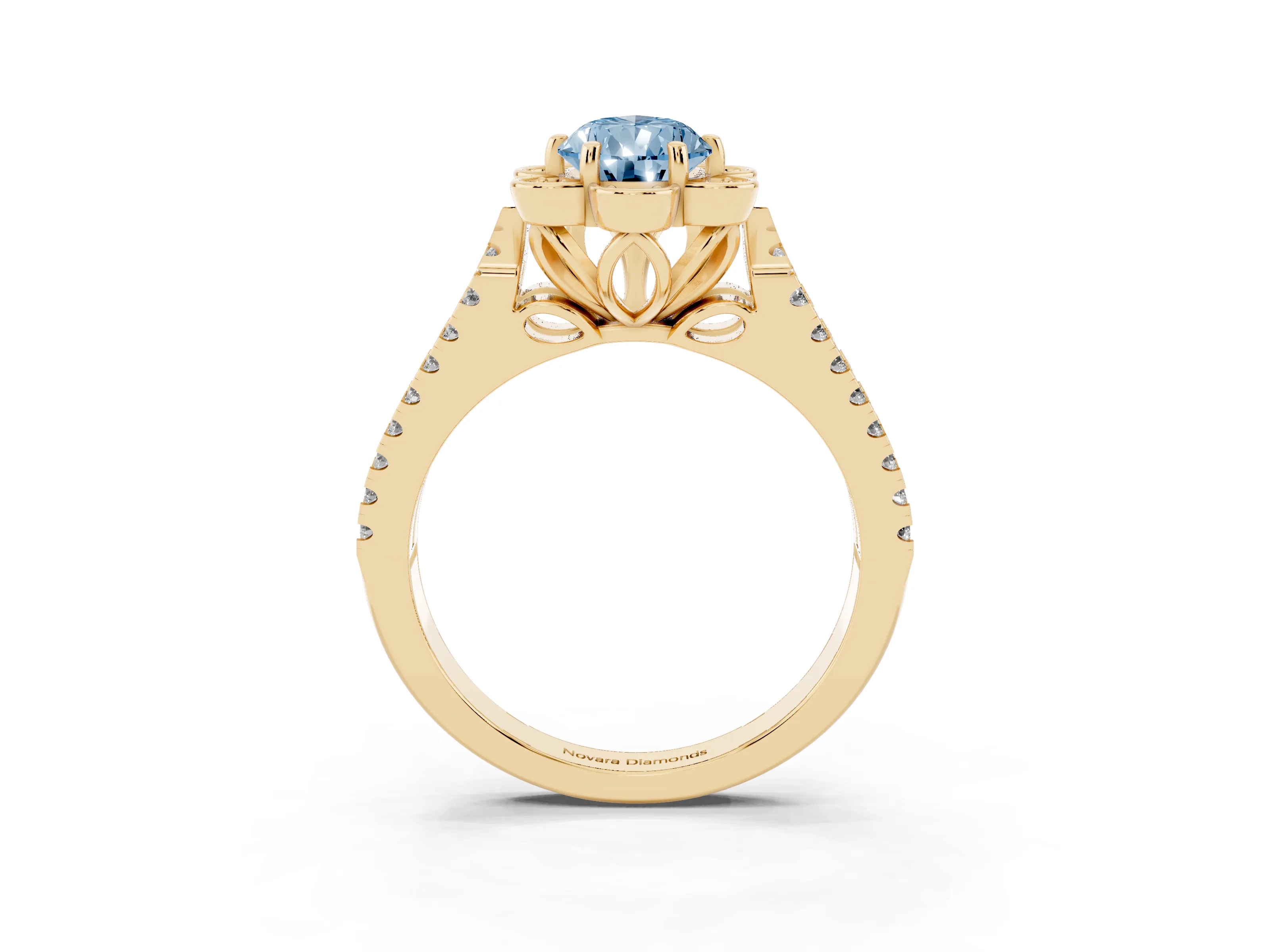 Fancy Blue Pear Cut Diamond Floral Halo Split Shank Engagement Ring Set in Yellow gold with Pavé Shank