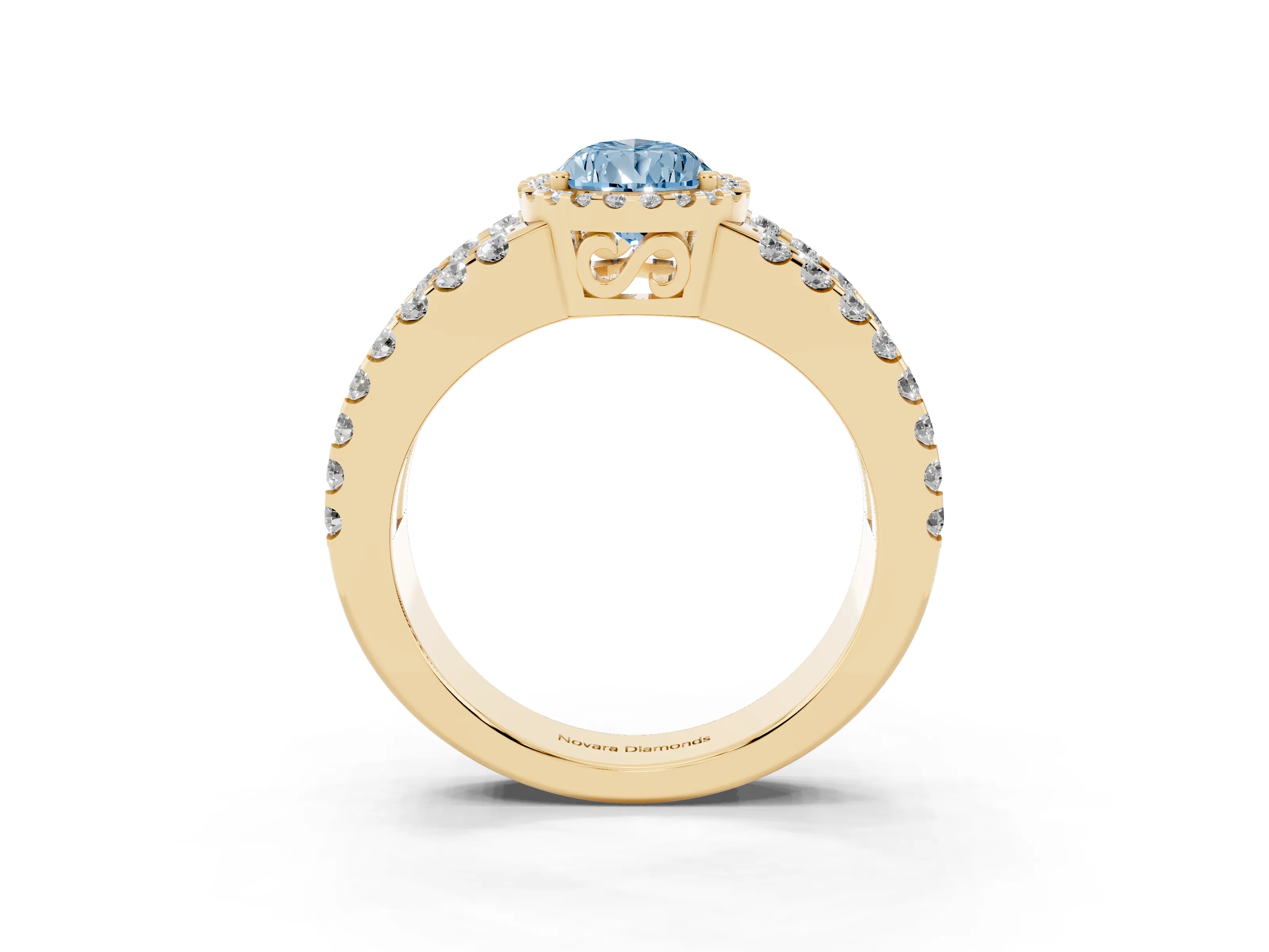 Fancy Blue Pear Cut Diamond Halo Ring Set in Yellow gold with Pavé Split Shank and Prong Setting