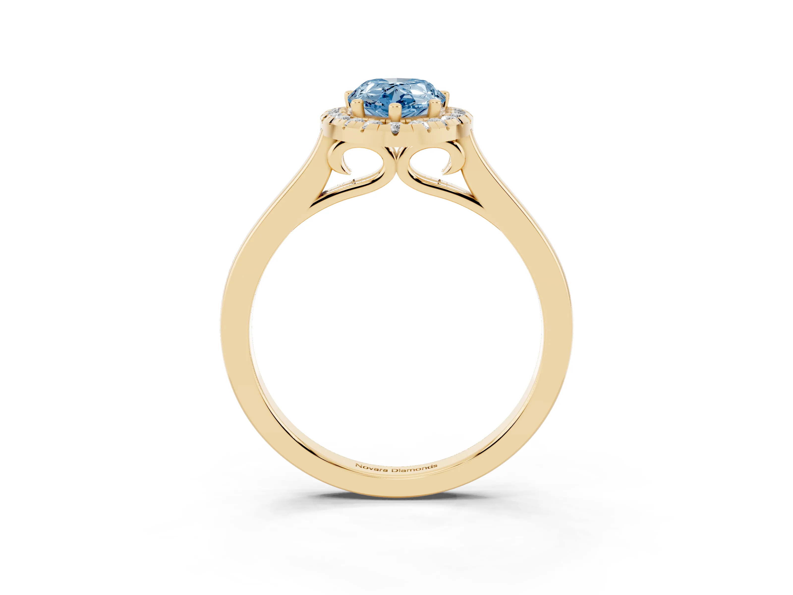 Fancy Blue Pear Cut Halo Round Diamond Solitaire Ring Set in Yellow gold with Pavé Band and Prong Setting