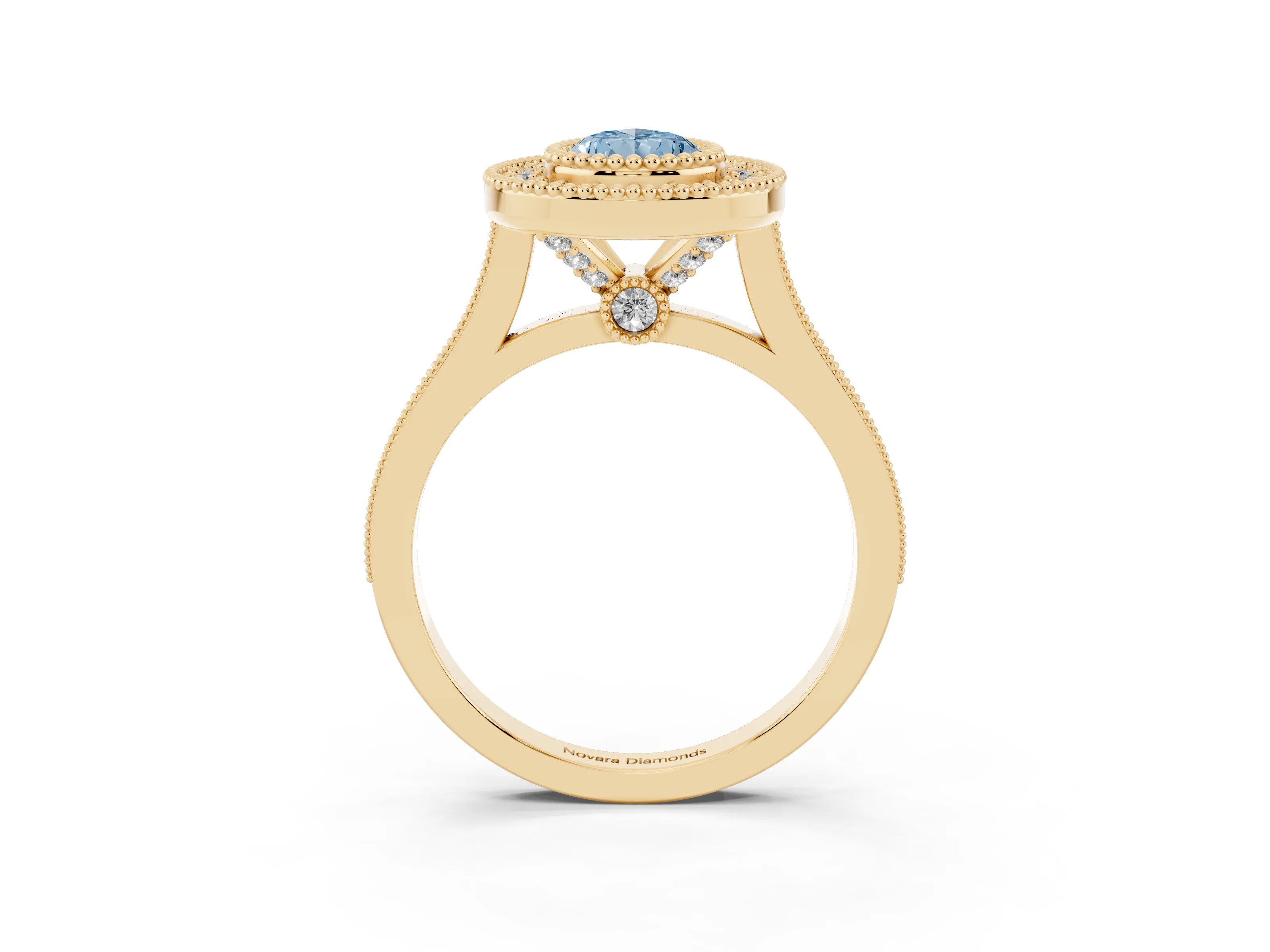 Fancy Blue Pear Cut Diamond Halo Ring Set in Yellow gold with Milgrain Frame and Pavé Band