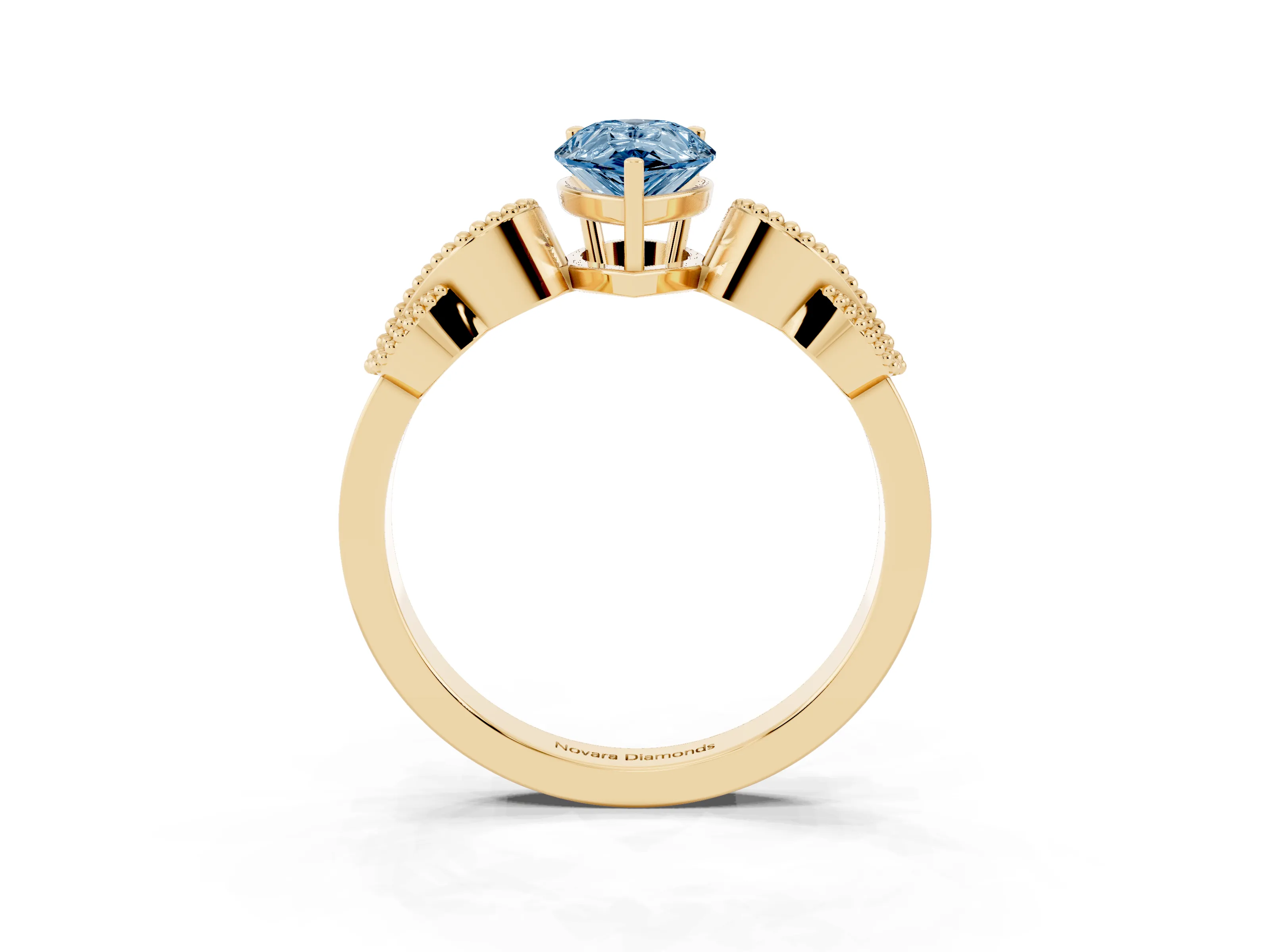 Fancy Blue Pear Cut Diamond Milgrain Leaf Band Solitaire Ring Set in Yellow gold with Accent Stones and Prong Setting