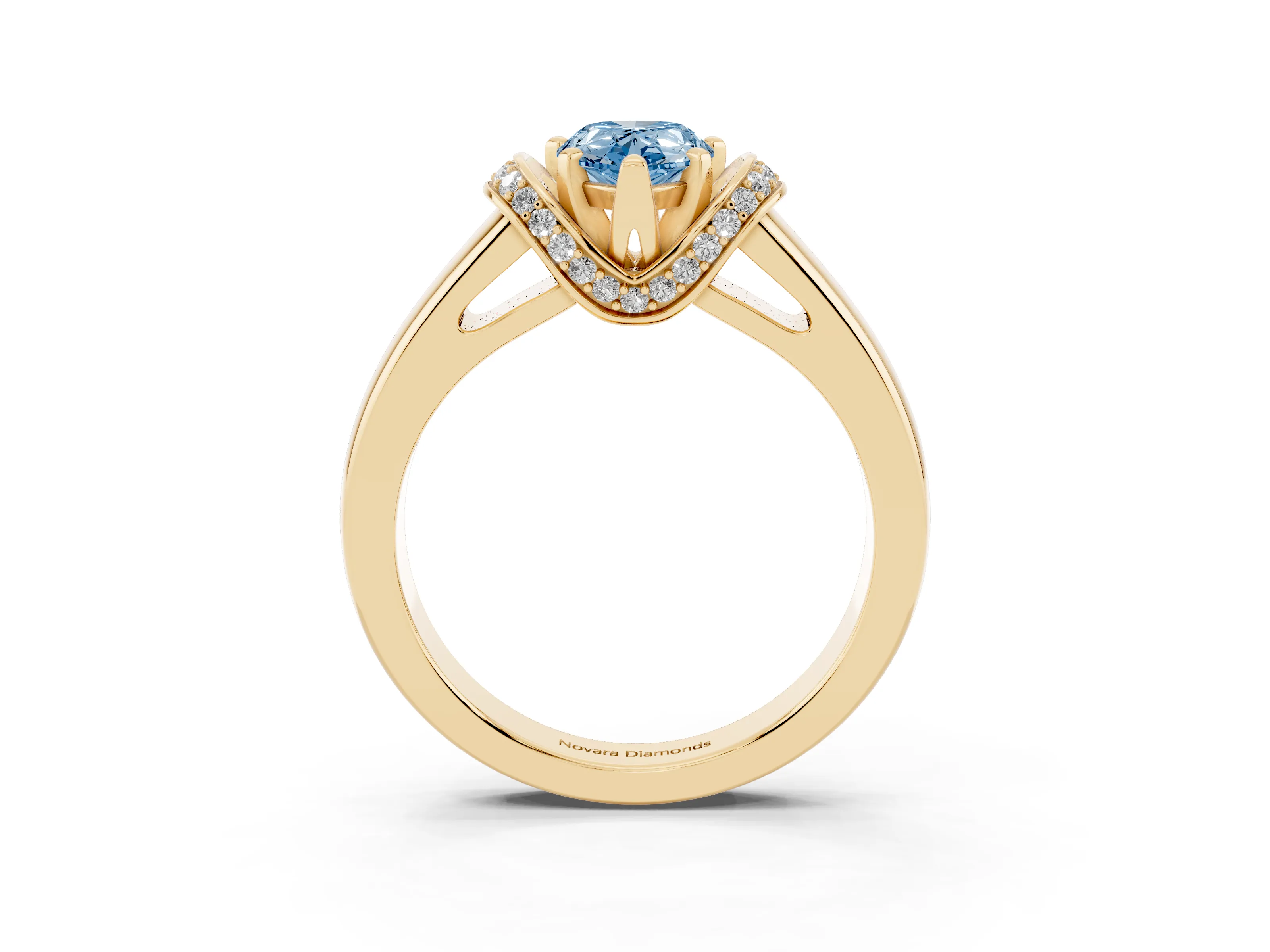 Fancy Blue Pear Cut Diamond Pavé Band Solitaire Ring Set in Yellow gold with Prong Setting