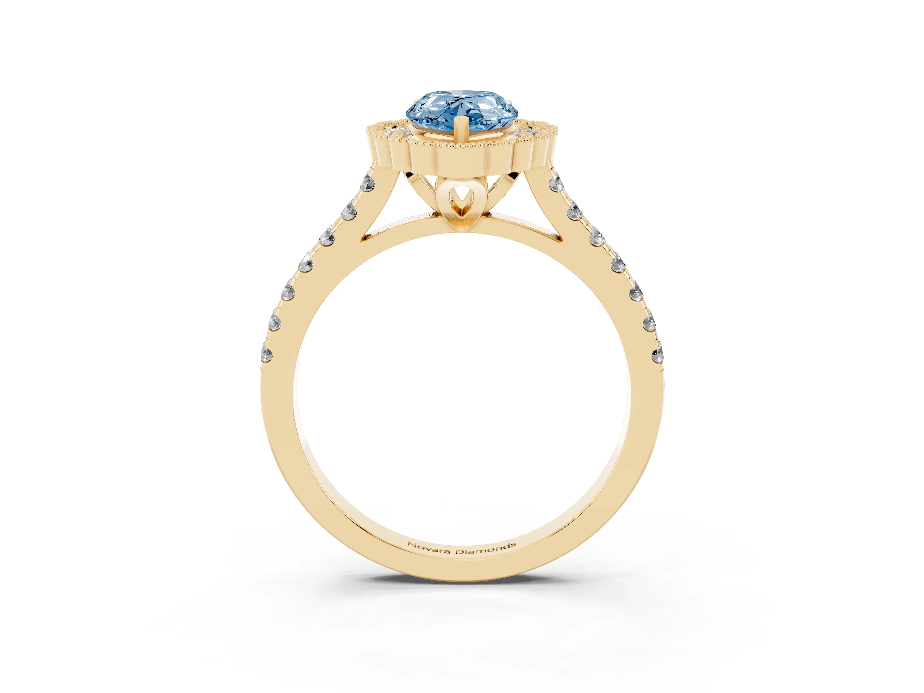 Fancy Blue Pear Cut Diamond Milgrain Floral Halo Engagement Ring Set in Yellow gold with Pavé Band