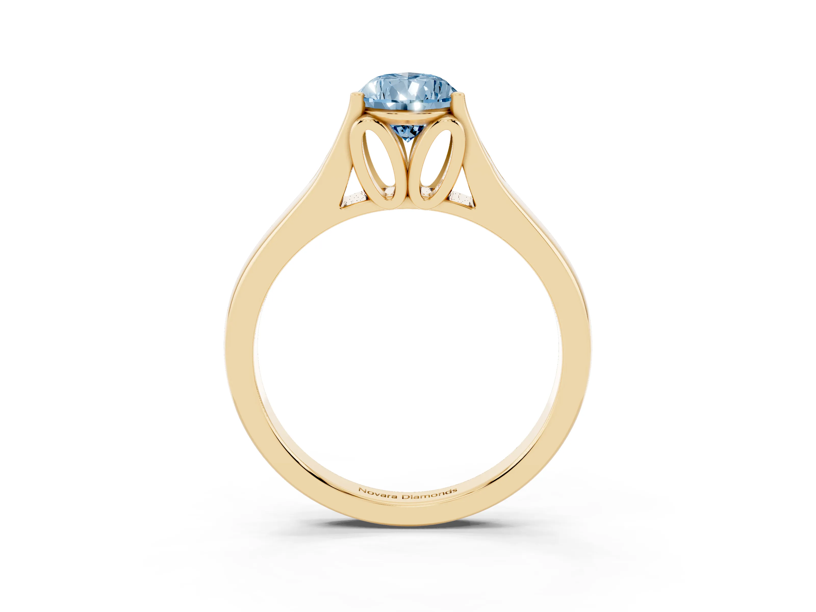 Fancy Blue Pear Cut Diamond Solitaire Ring Set in Yellow gold with Arched Cathedral Band and Prong Setting
