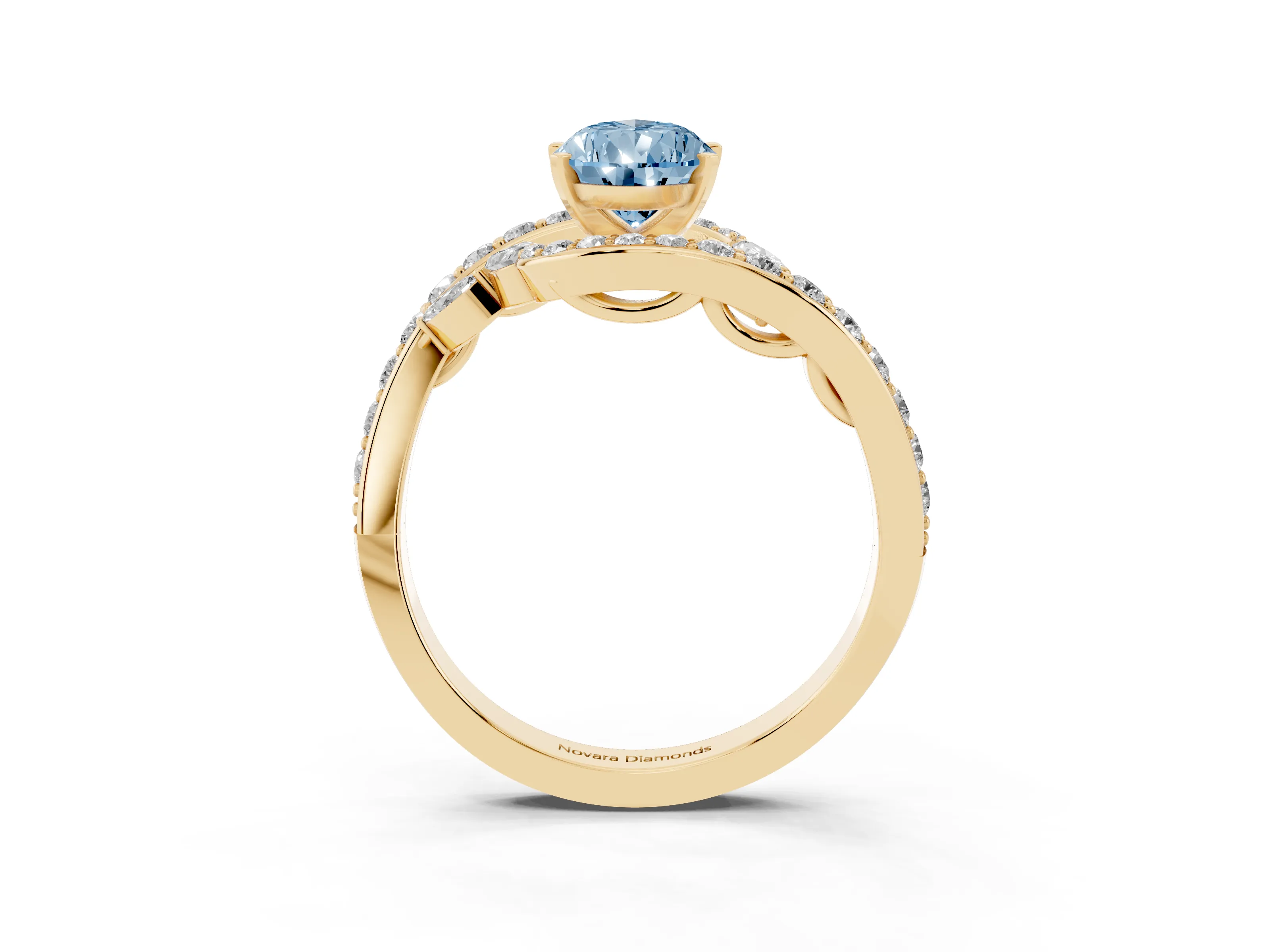 Fancy Blue Pear Cut Diamond Solitaire Ring Set in Yellow gold with Pavé Twist Band and Secure Prong Setting