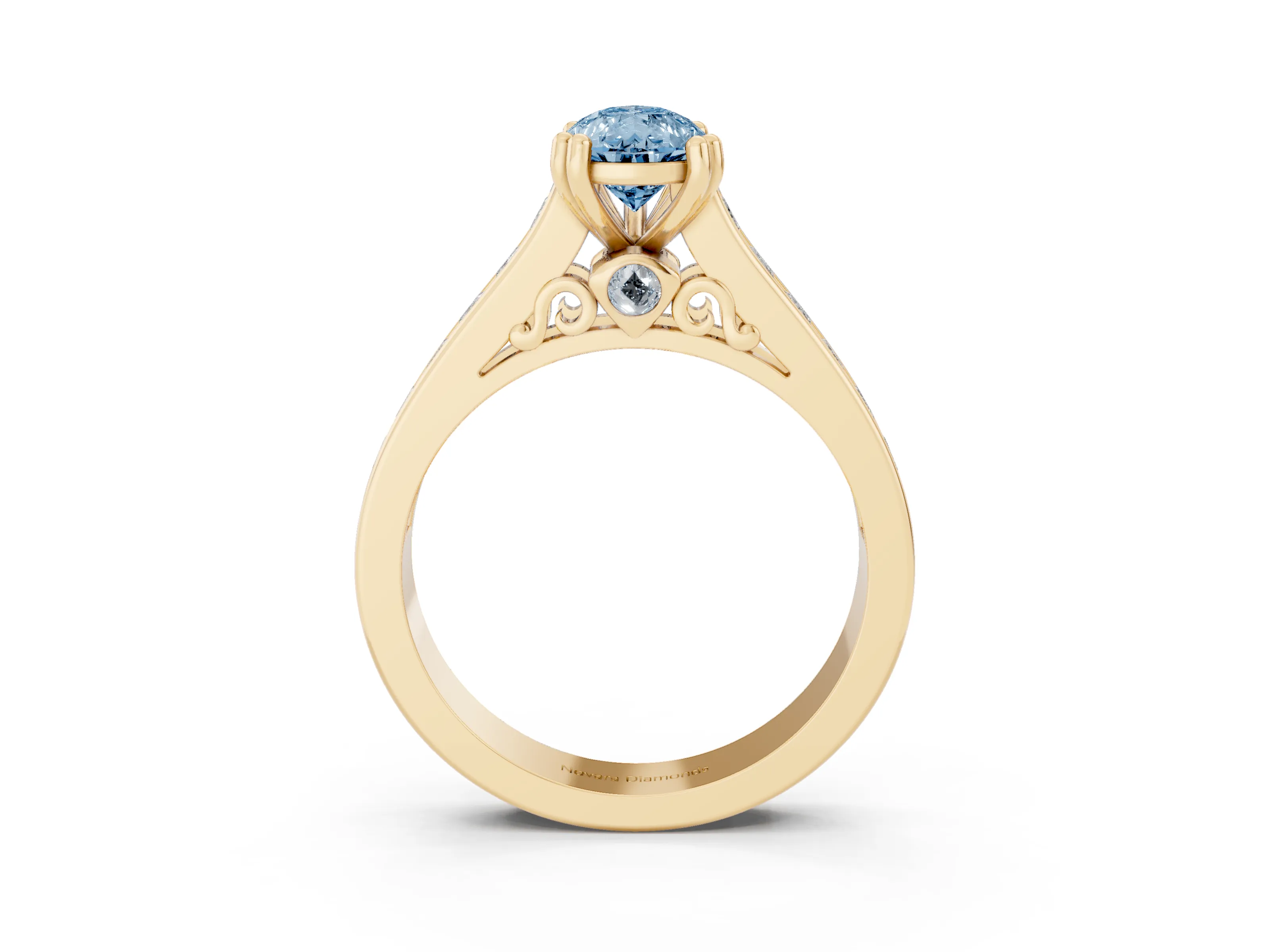 Fancy Blue Pear Cut Diamond Channel Set Solitaire Engagement Ring Set in Yellow gold with Prong Setting