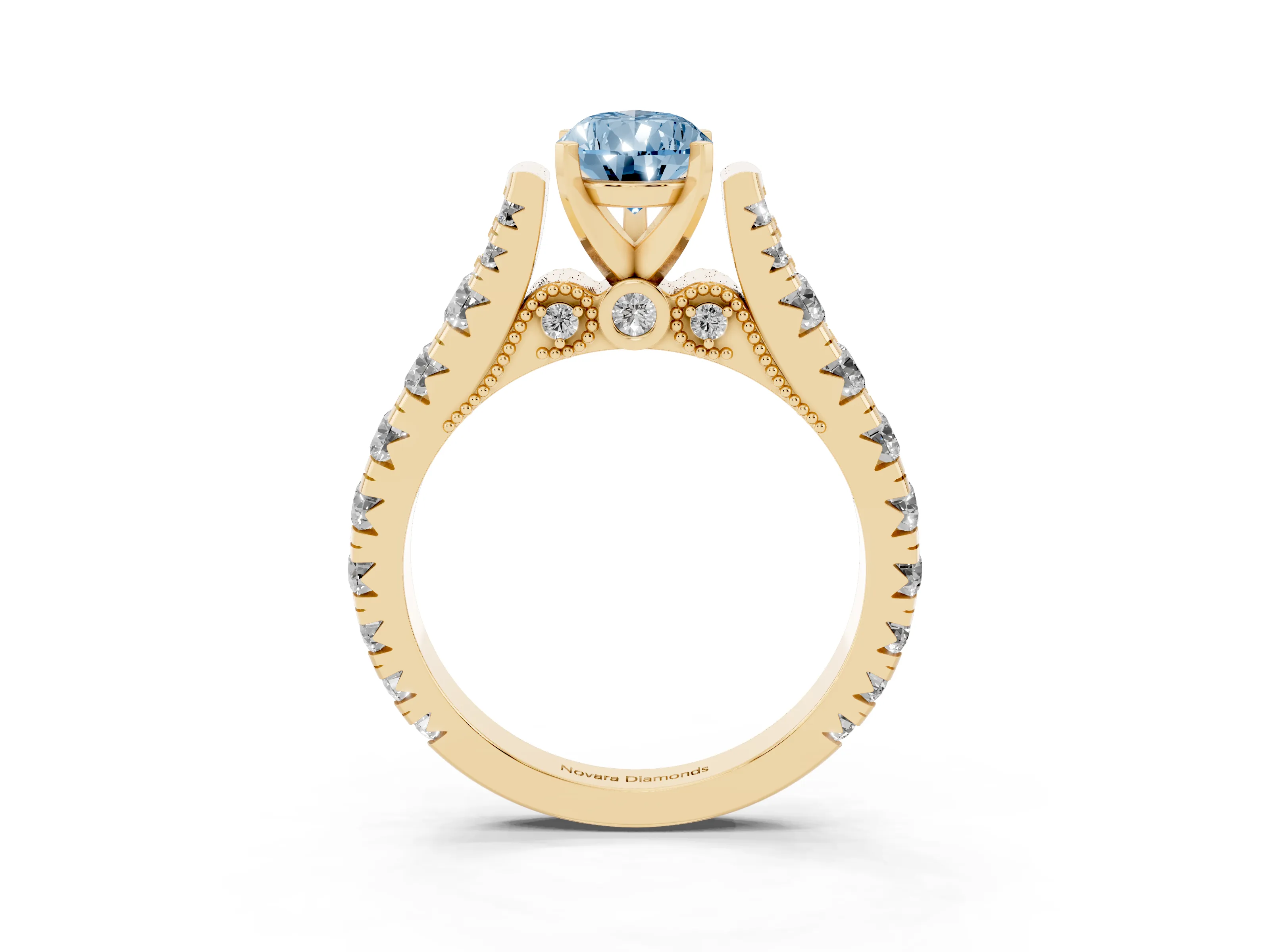 Fancy Blue Pear Cut Diamond Classic Solitaire Ring Set in Yellow gold with Pavé Band and Prong Setting