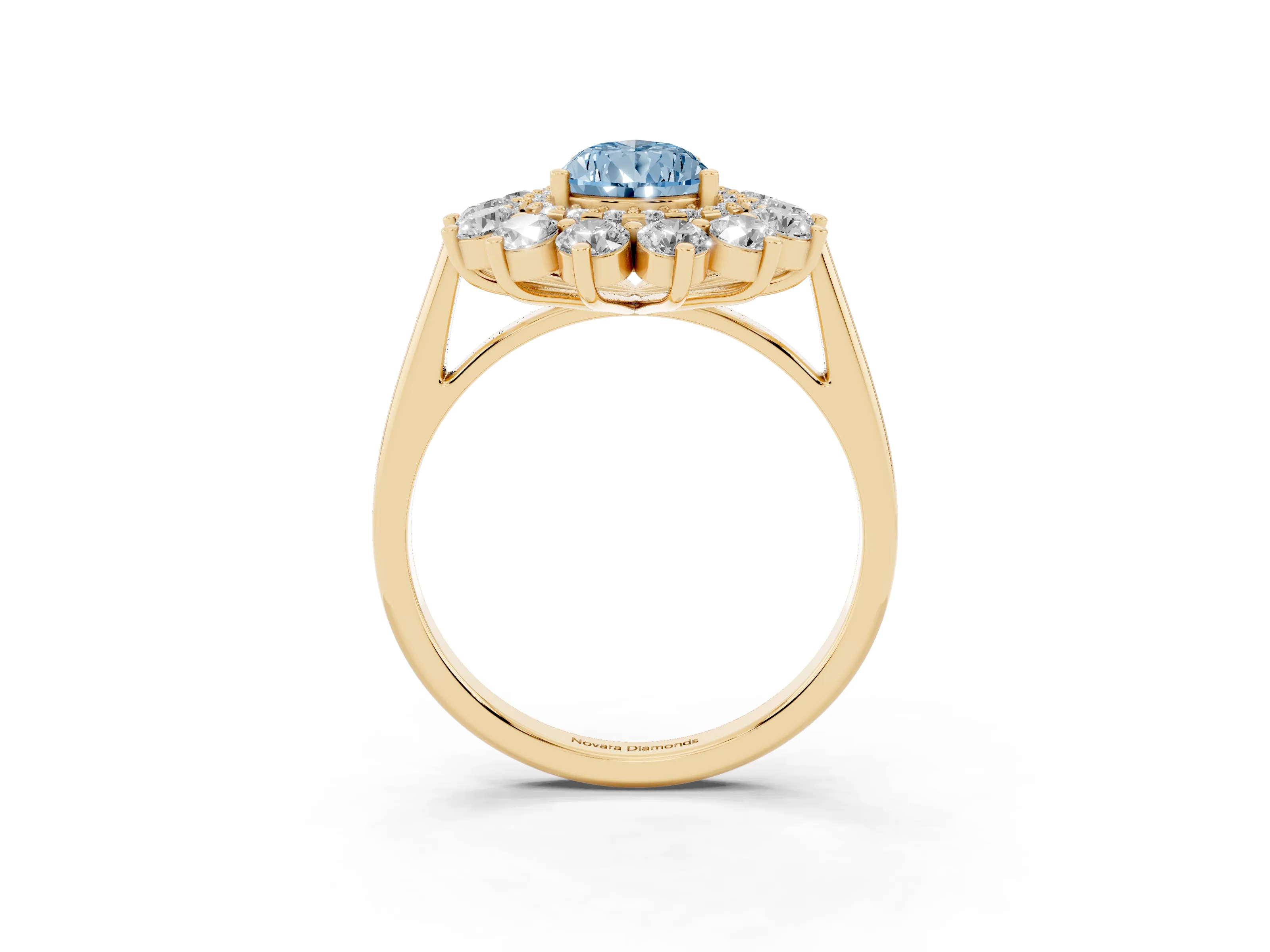 Fancy Blue Pear Cut Diamond Floral Double Halo Ring Set in Yellow gold with Round Petals