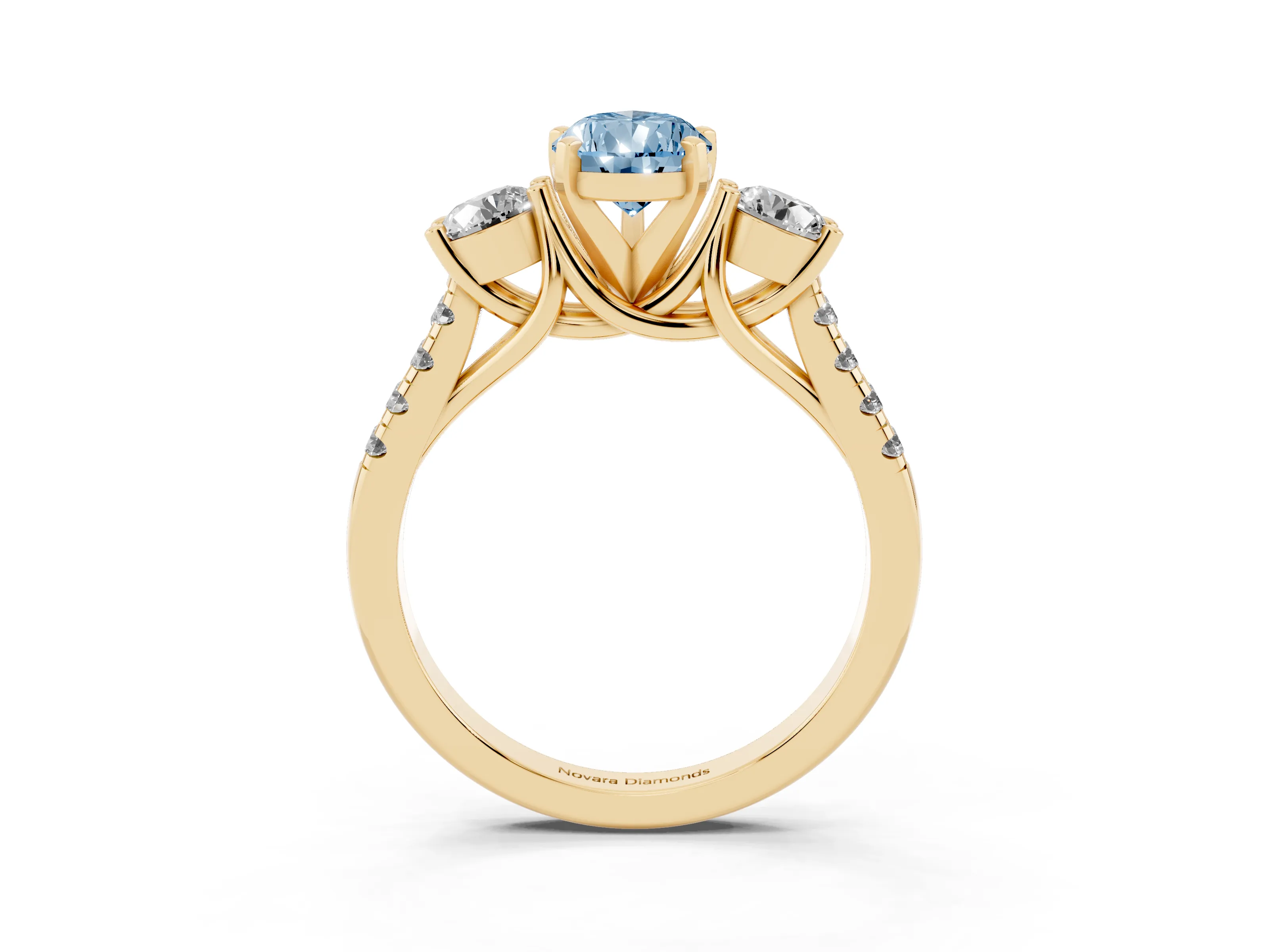 Fancy Blue Three-Stone Pear Cut Diamond Pavé Band Ring Set in Yellow gold with Prong-Set Trio
