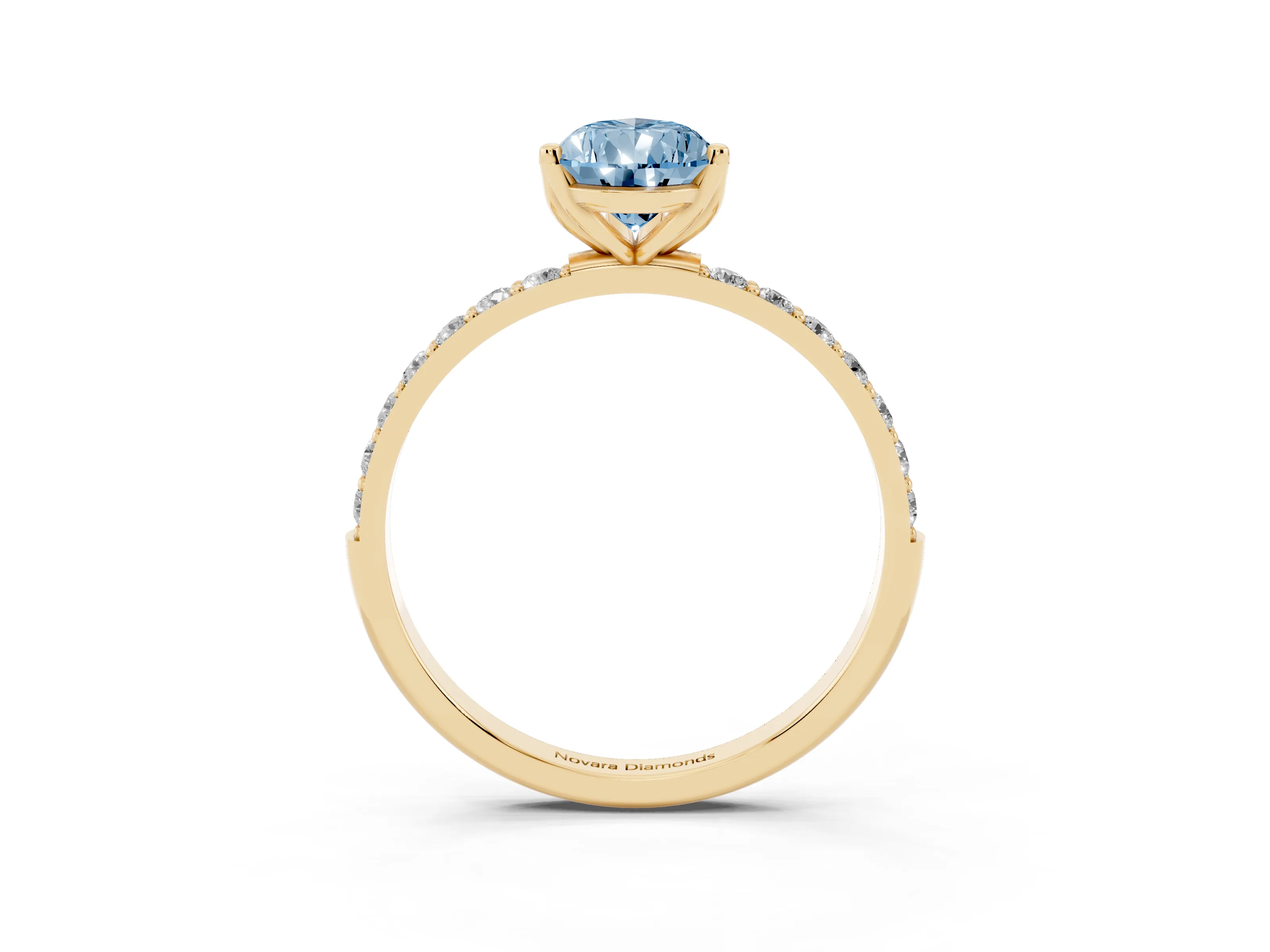 Fancy Blue Pear Cut Diamond Solitaire Engagement Ring Set in Yellow gold with Round Pavé Band and Prong Setting
