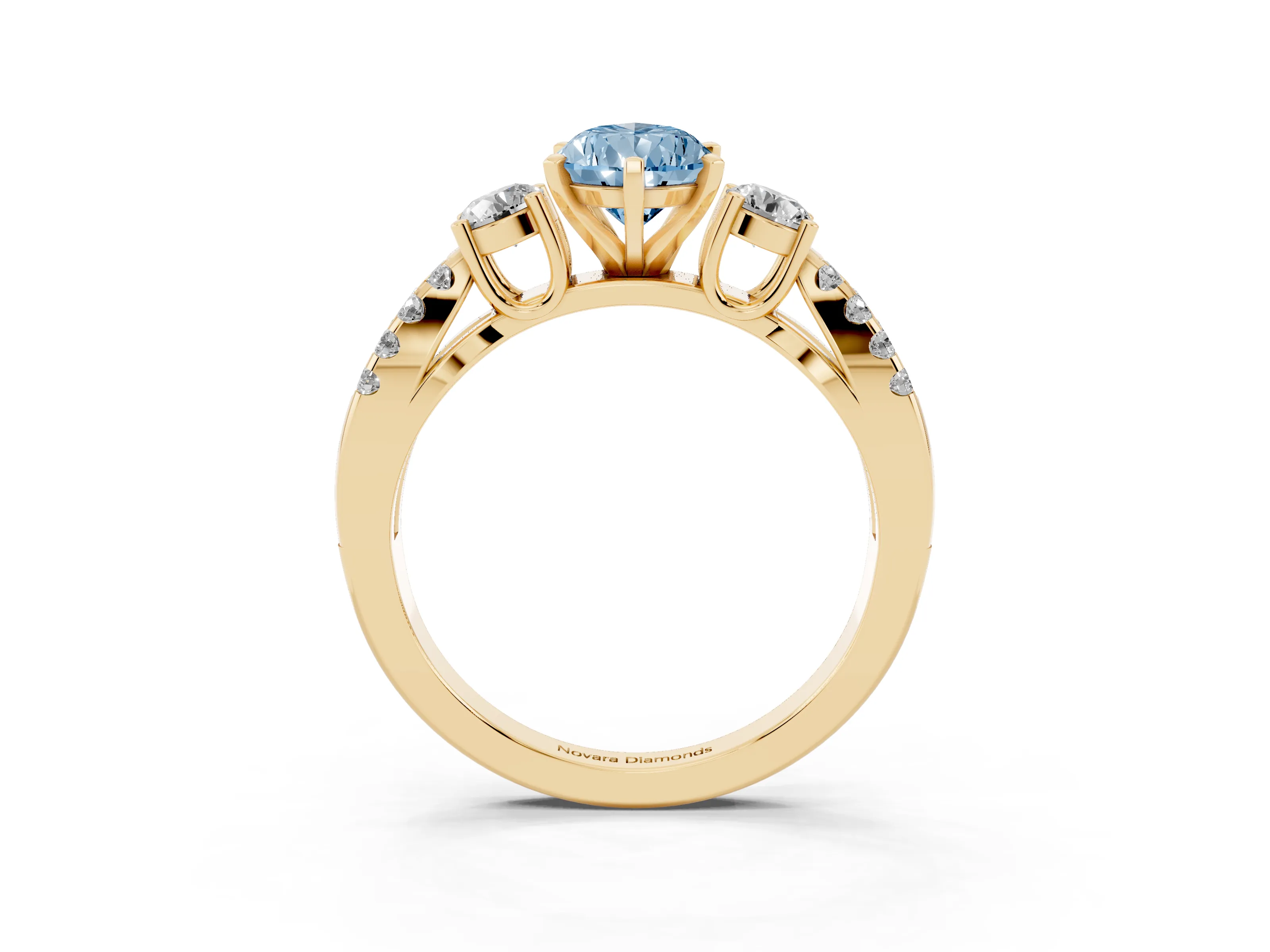 Fancy Blue Pear Cut Diamond Three-Stone Ring Set in Yellow gold with Pavé Split Shank and Prong Setting