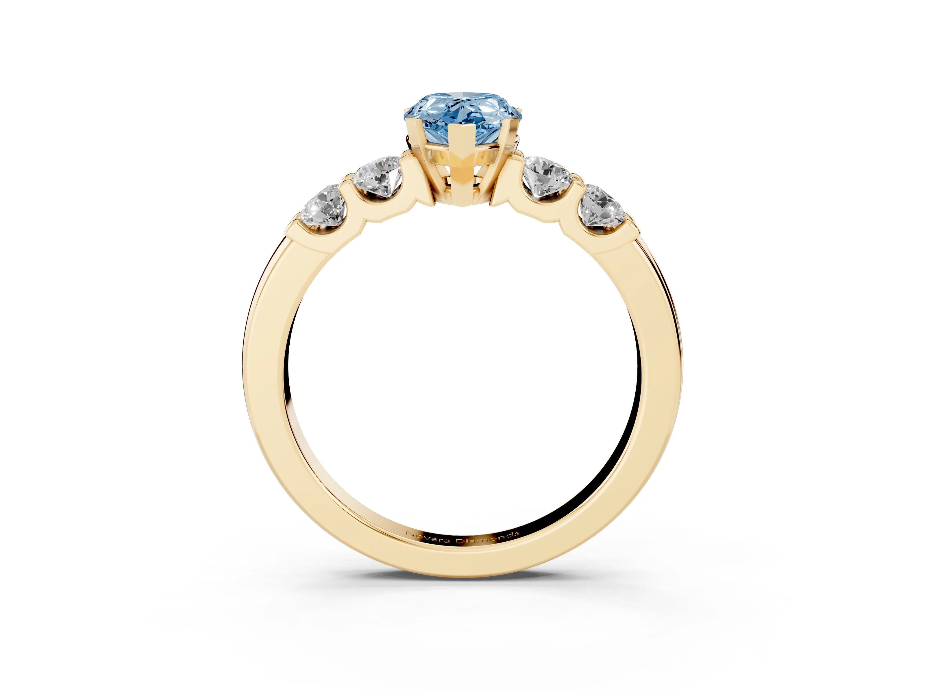Fancy Blue Pear Cut Diamond Five-Stone Prong Set Engagement Ring Set in Yellow gold with Channel Band