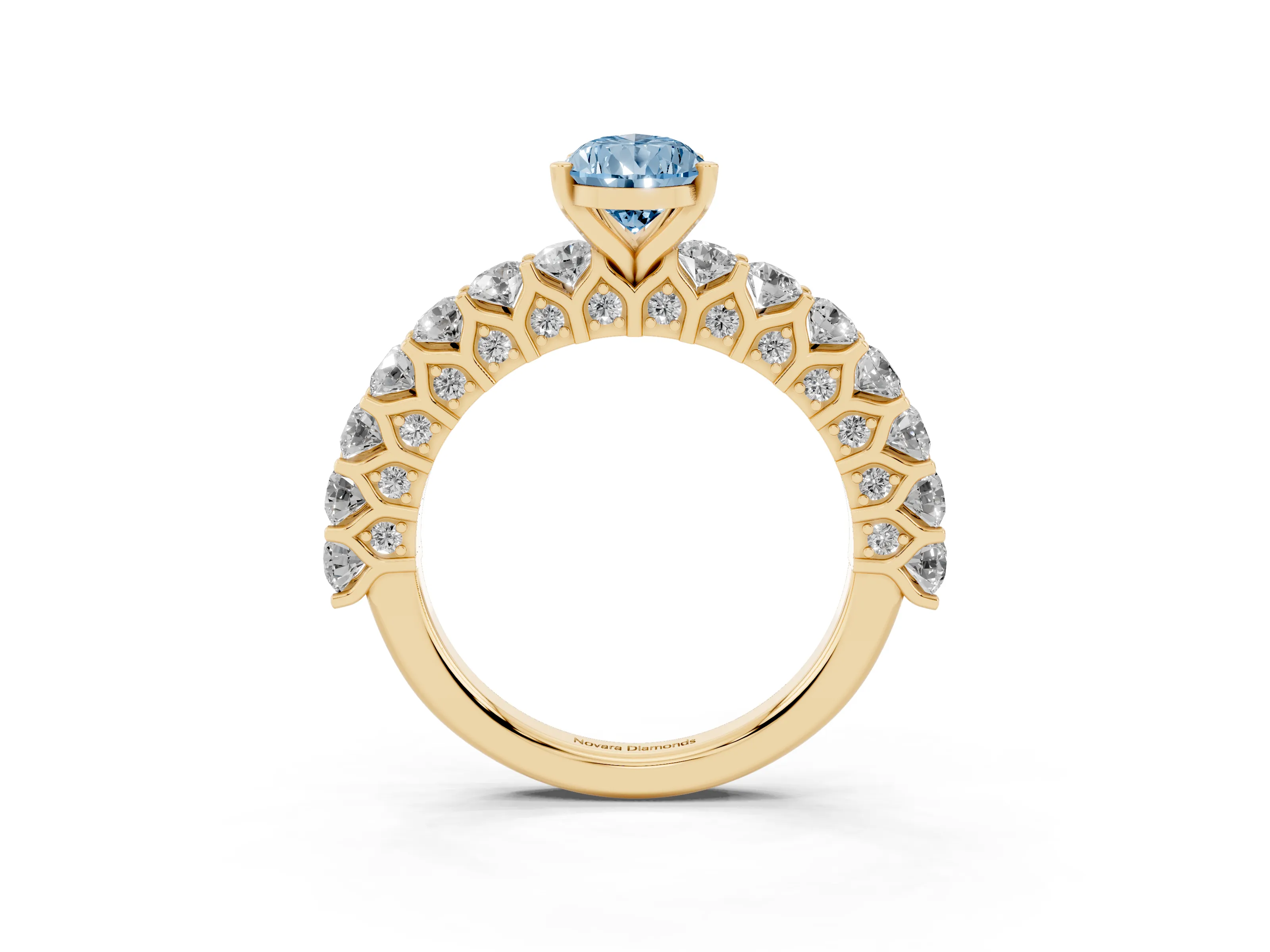 Fancy Blue Pear Cut Diamond Solitaire Ring Set in Yellow gold with Shared Prong Pavé Band