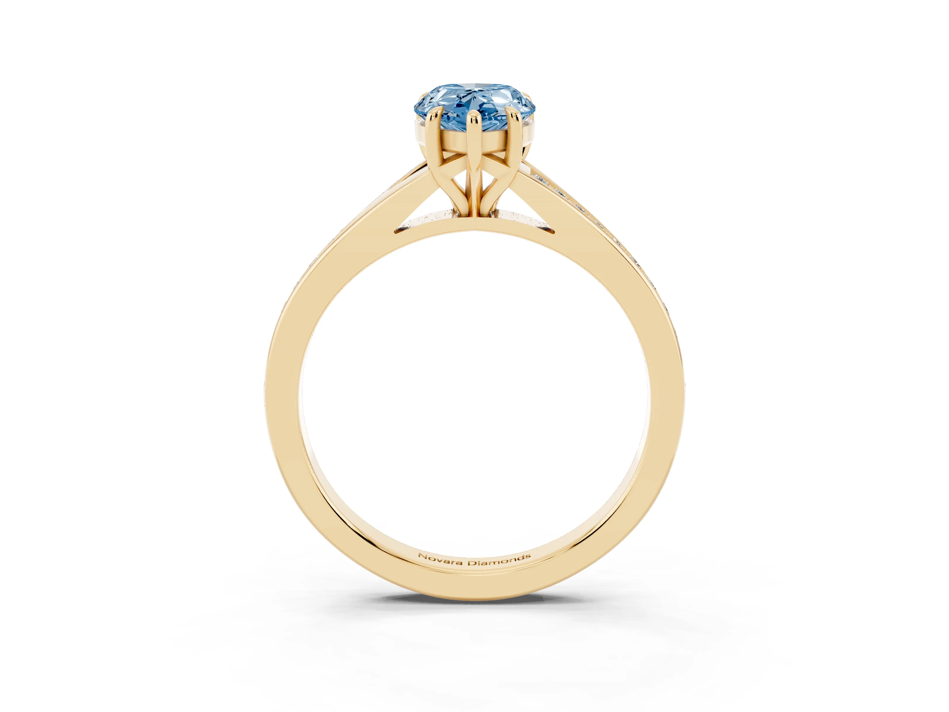 Fancy Blue Pear Cut Diamond Solitaire Ring Set in Yellow gold with Pavé Accent Band and Classic Prong Setting