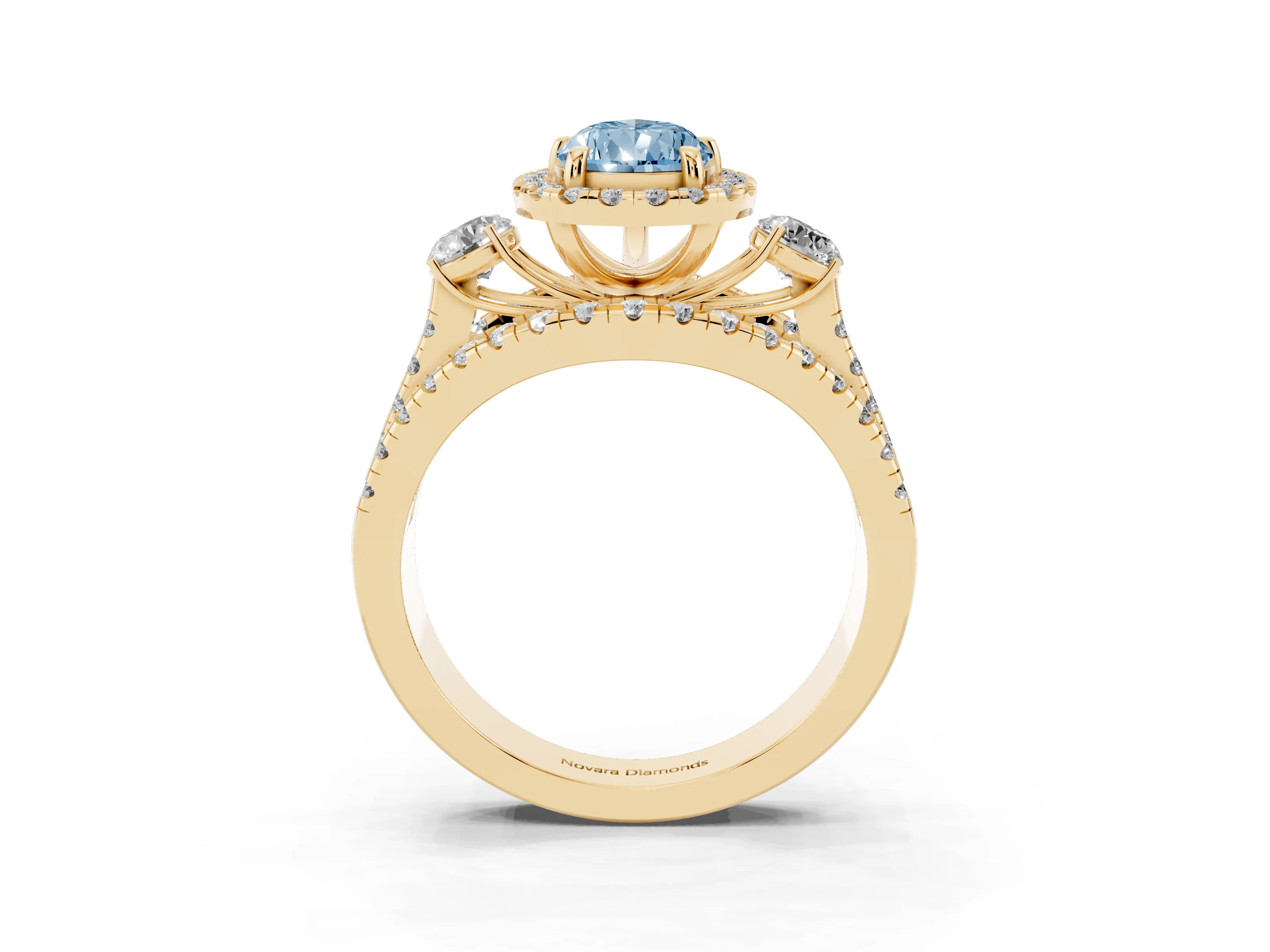 Fancy Blue Pear Cut Diamond Halo Split Shank Ring Set in Yellow gold with Round Accent Stones and Prong Setting