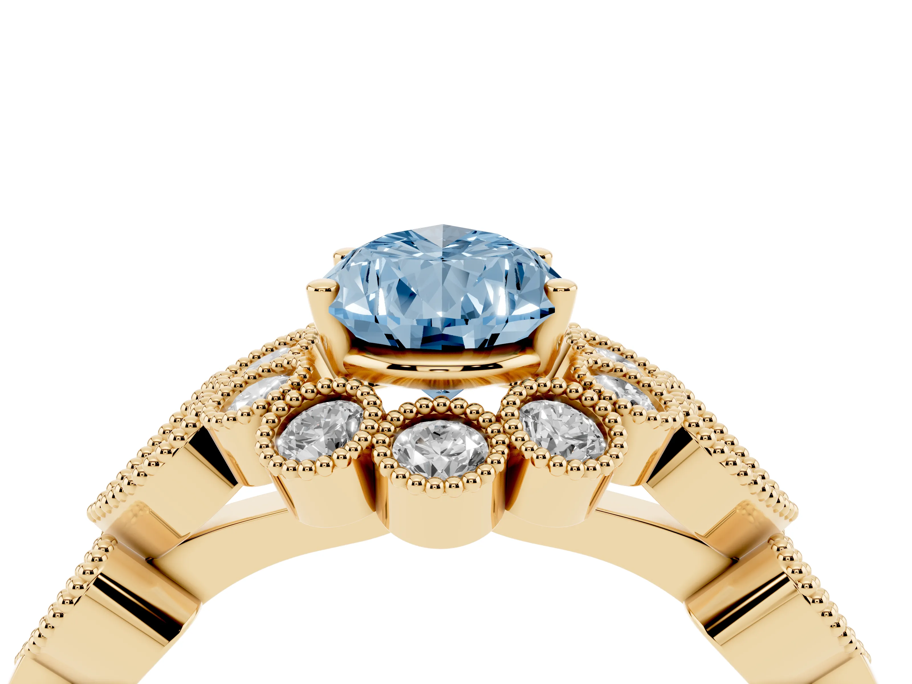 Fancy Blue Pear Cut Diamond Solitaire Ring Set in Yellow gold with Milgrain Pavé Heart Band