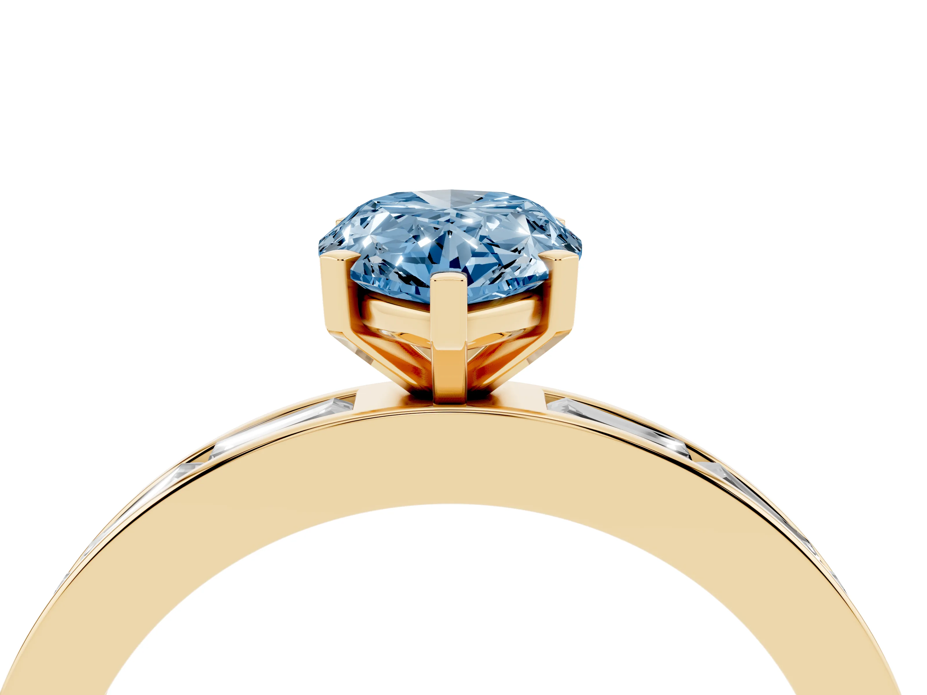 Fancy Blue Pear Cut Diamond Solitaire Ring Set in Yellow gold with Channel-Set Baguette Band and Prong Setting