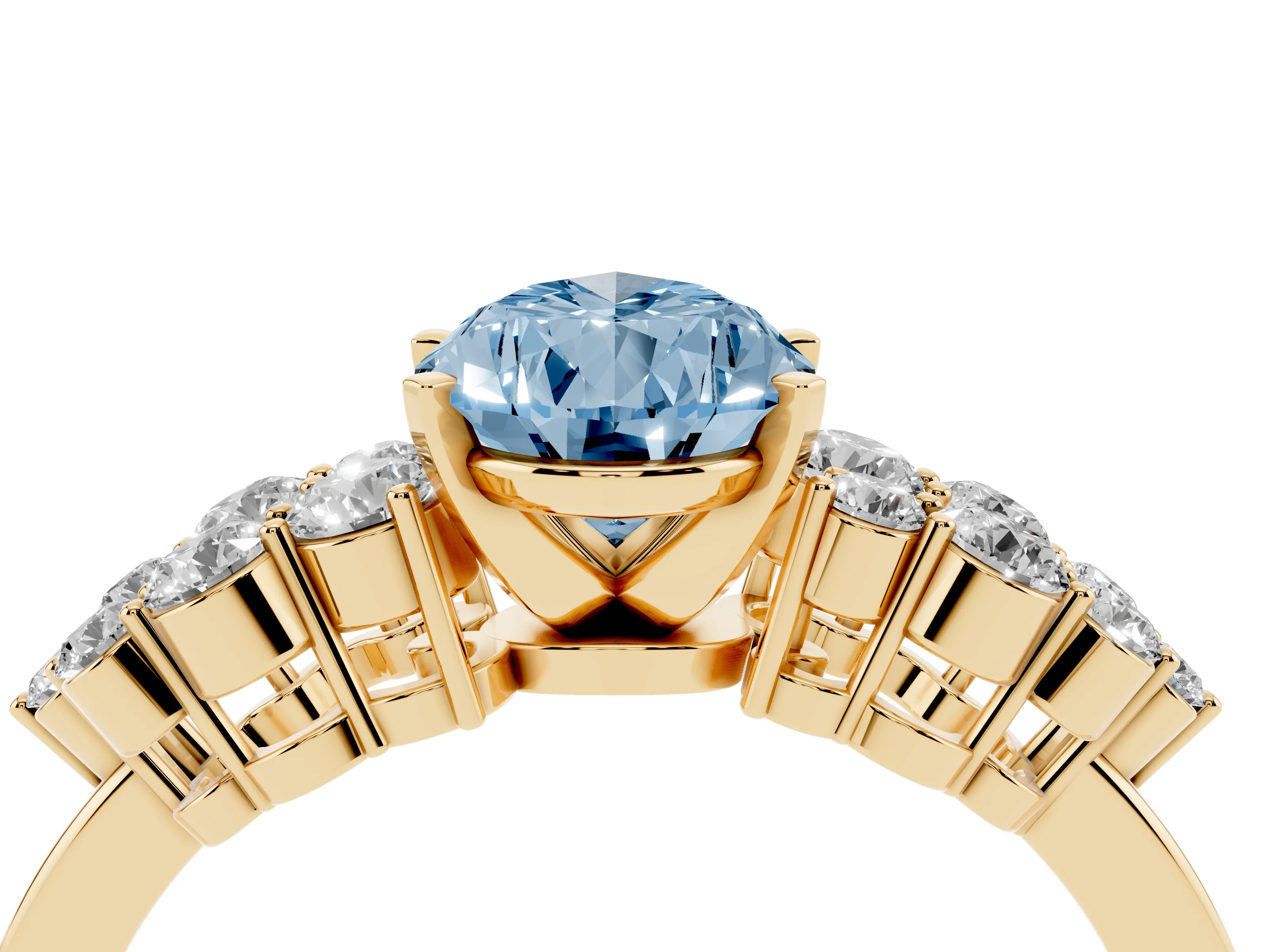 Fancy Blue Pear Cut Diamond Cluster Engagement Ring Set in Yellow gold with Pavé Band and Prong Setting