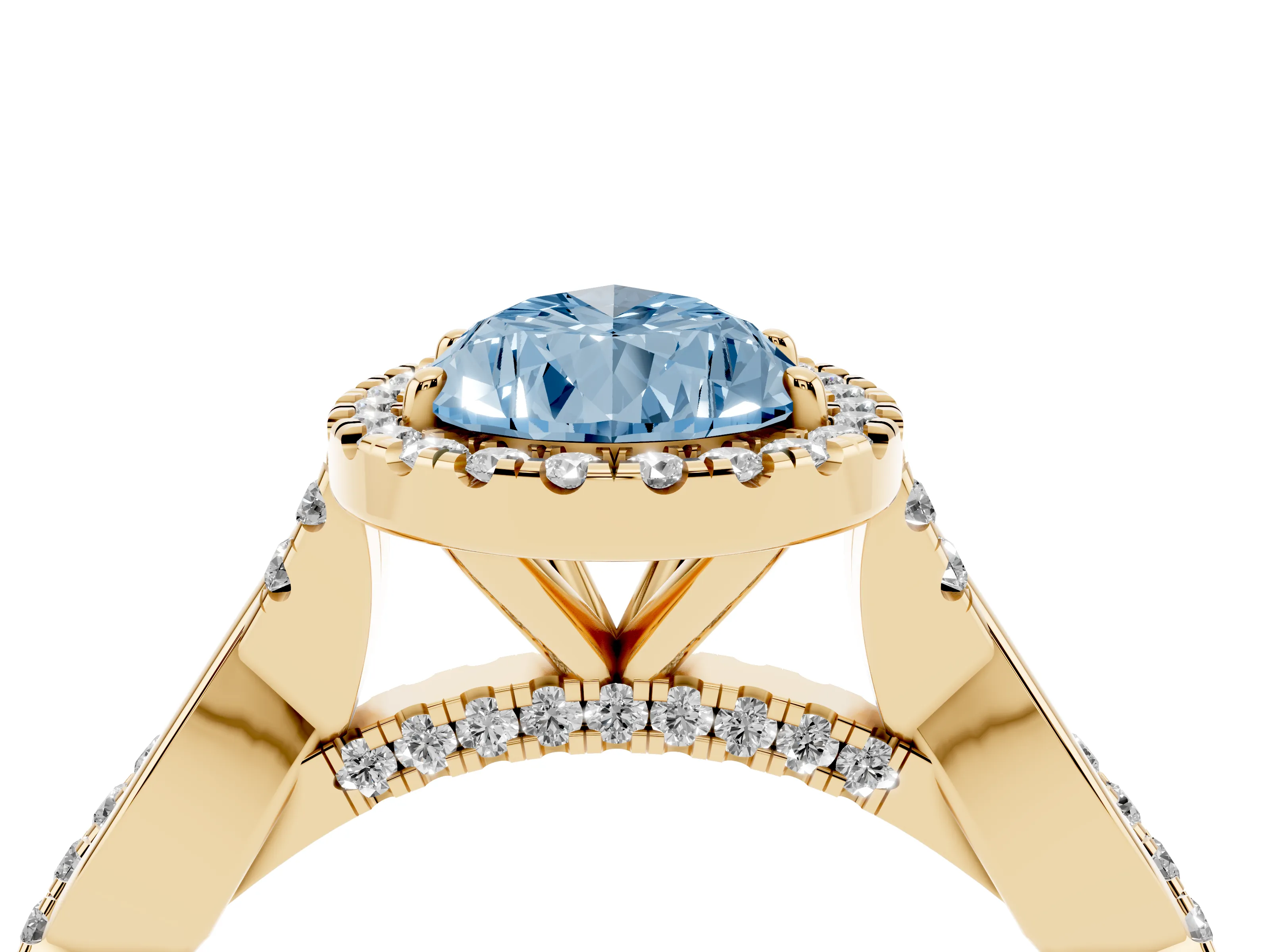 Fancy Blue Pear Cut Diamond Halo Twist Band Solitaire Ring Set in Yellow gold with Prong Setting