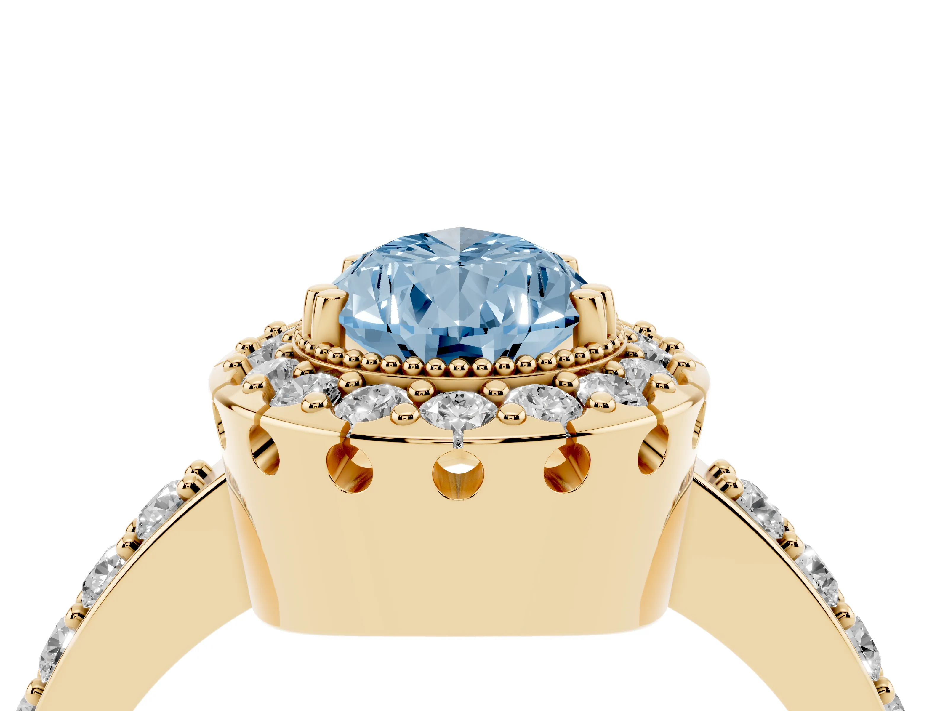 Fancy Blue Pear Cut Diamond Halo Ring Set in Yellow gold with Pavé Shank and Prong Setting