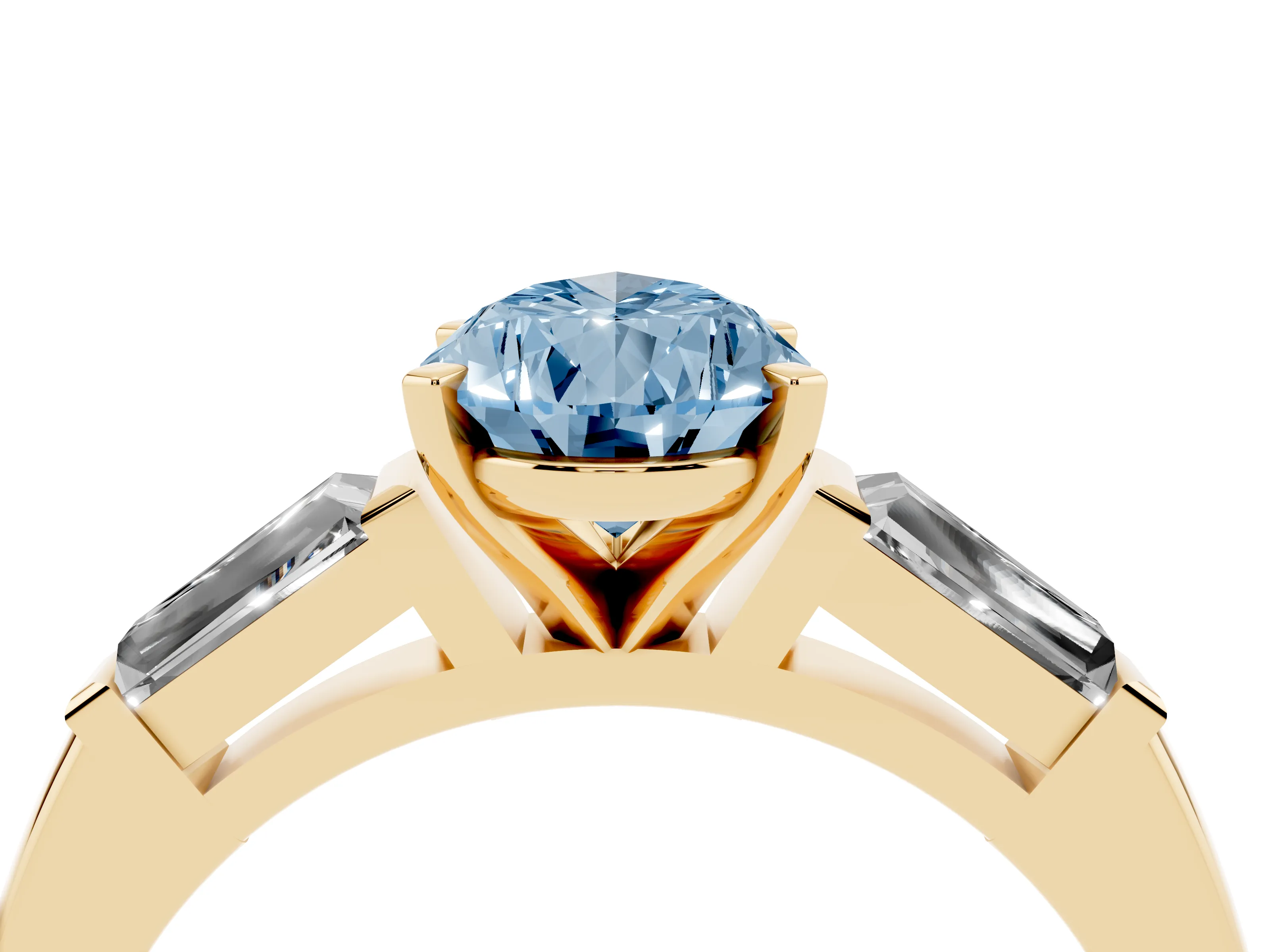 Fancy Blue Pear Cut Diamond Solitaire Ring Set in Yellow gold with Tapered Baguette Side Stones and Prong Setting