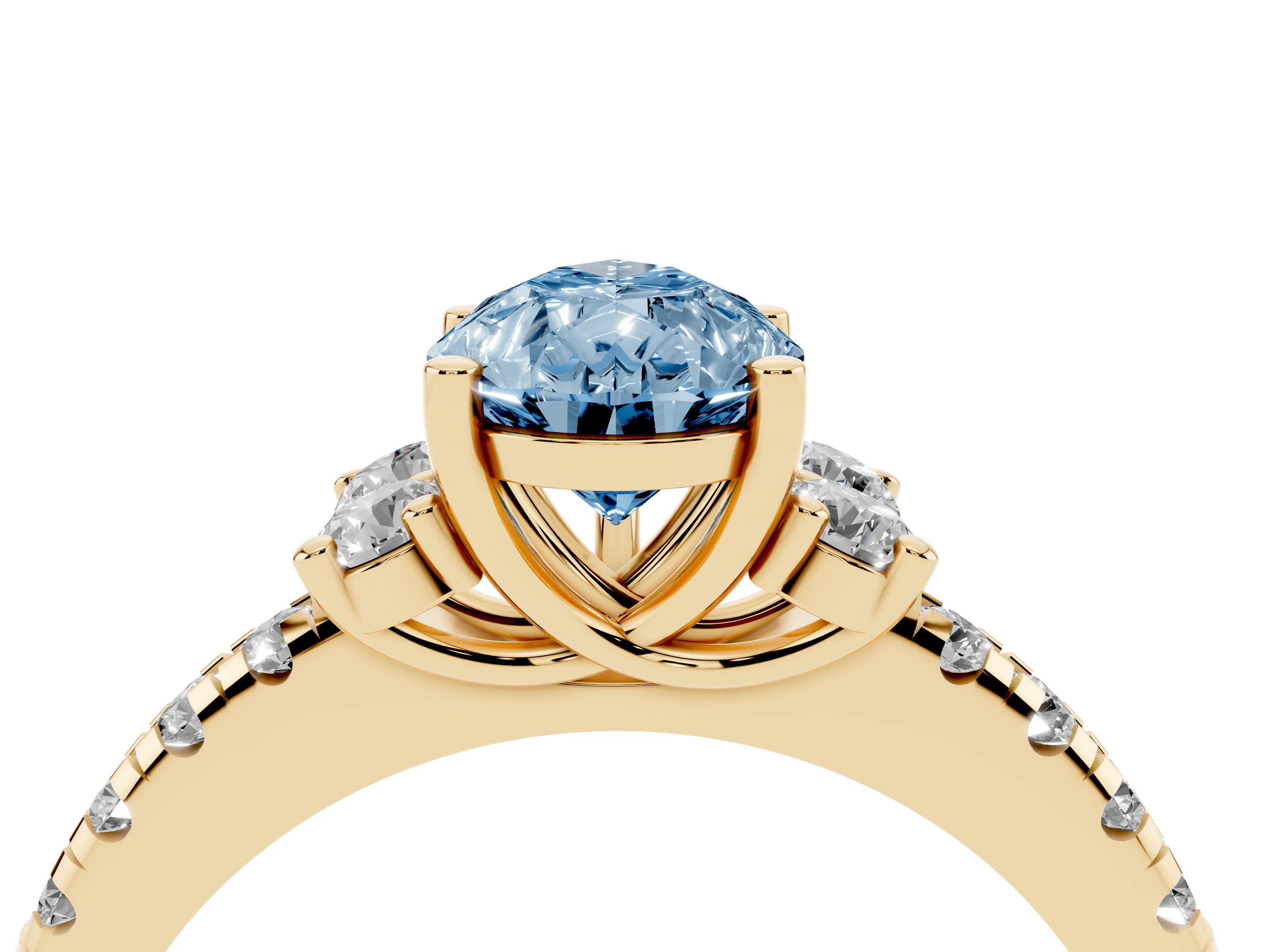 Fancy Blue Pear Cut Diamond Three-Stone Pavé Ring Set in Yellow gold with Prong Setting