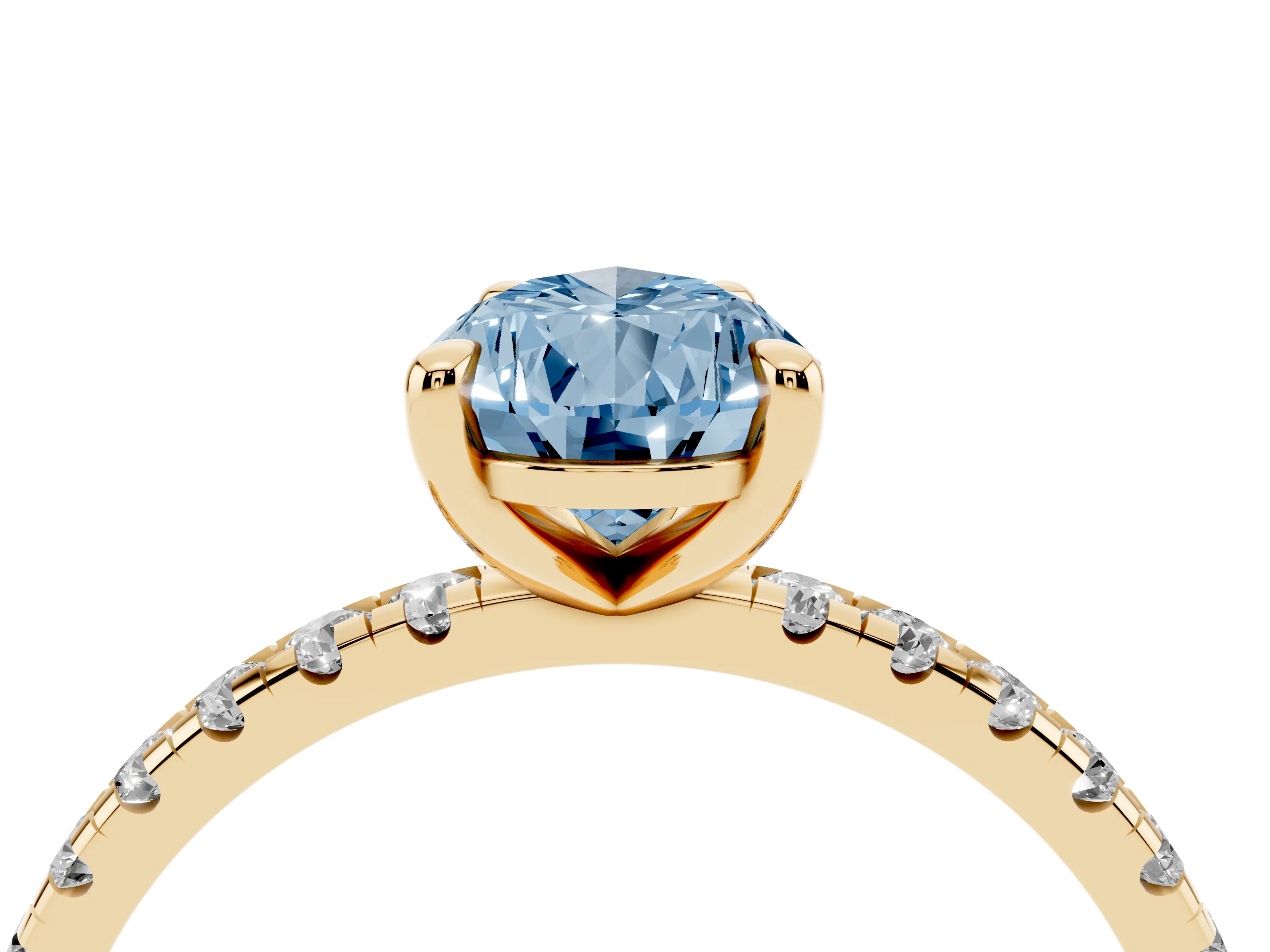 Fancy Blue Pear Cut Diamond Brilliant Solitaire Ring Set in Yellow gold with Pavé Band and Prong Setting