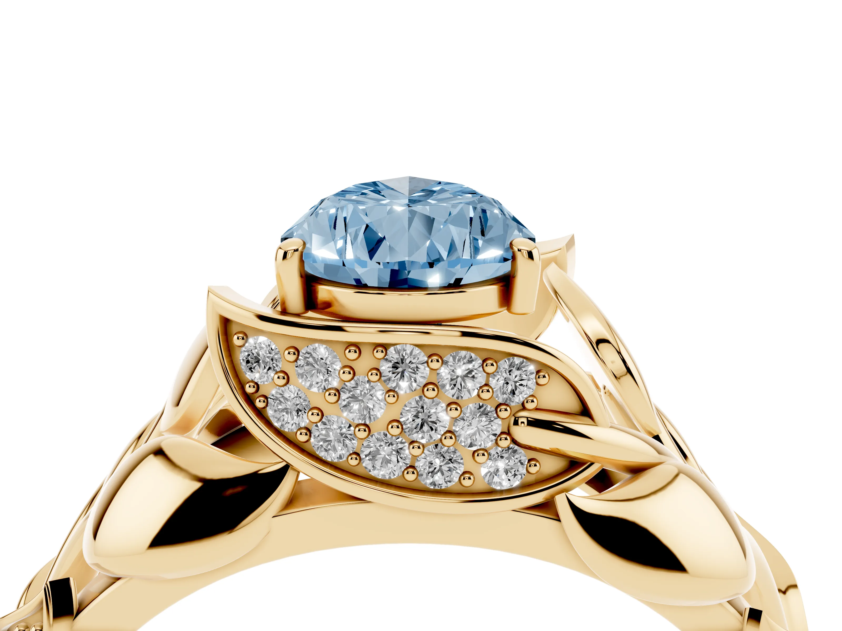 Fancy Blue Pear Cut Diamond Leaf-Inspired Engagement Ring Set in Yellow gold with Round Accents