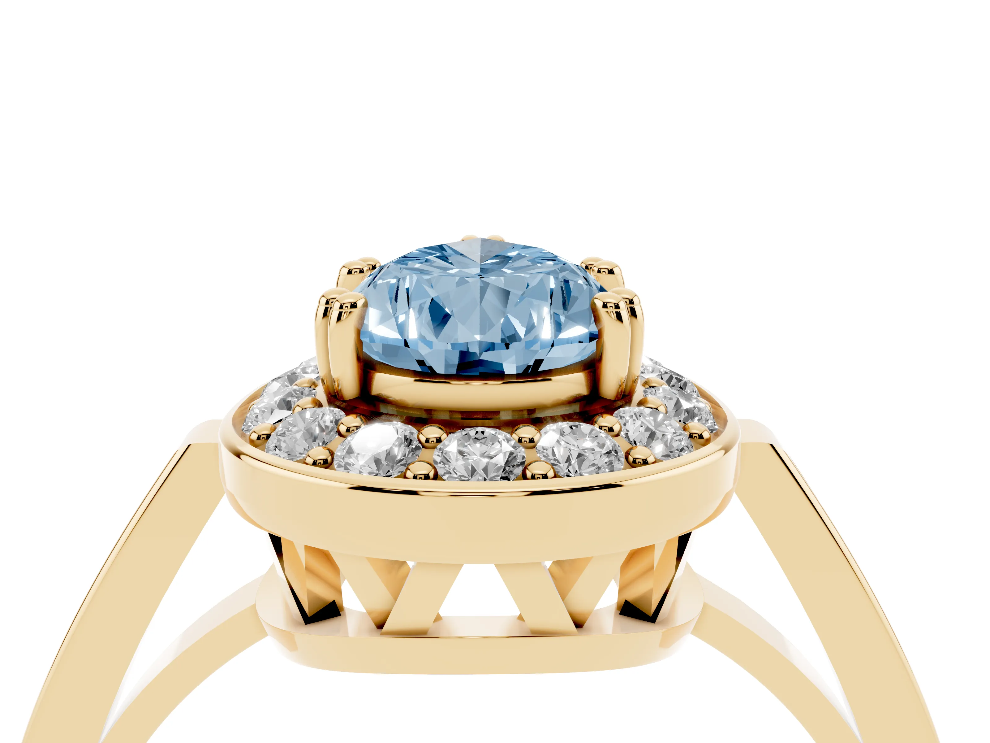 Fancy Blue Pear Cut Diamond Halo Ring Set in Yellow gold with Accent-Lined Split Shank and Prong Setting