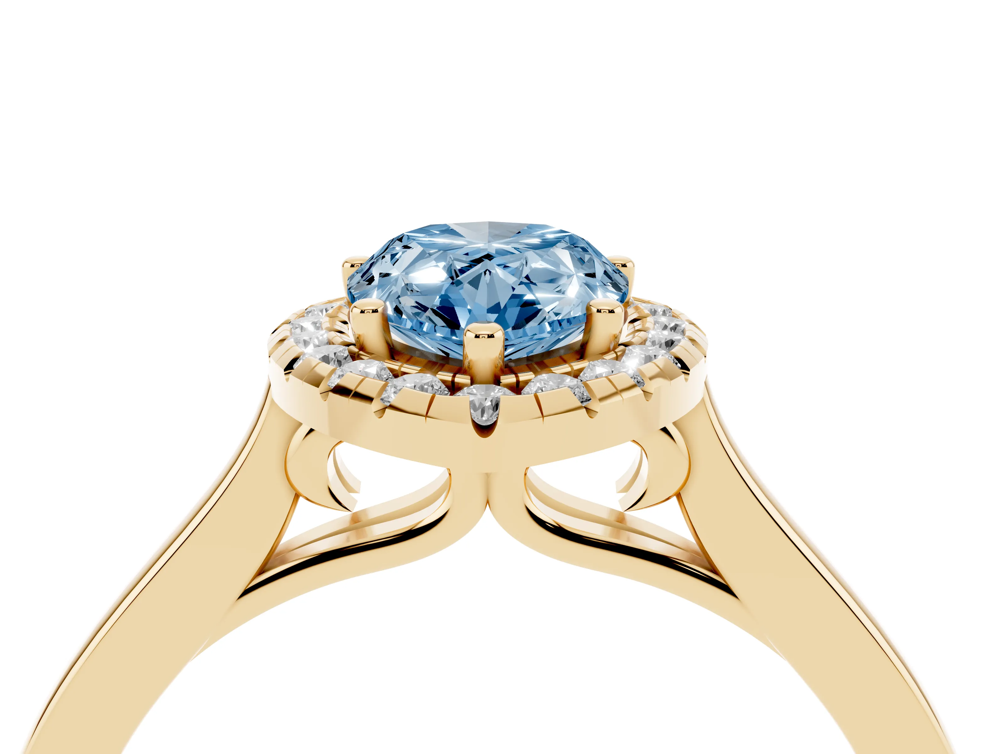 Fancy Blue Pear Cut Halo Round Diamond Solitaire Ring Set in Yellow gold with Pavé Band and Prong Setting