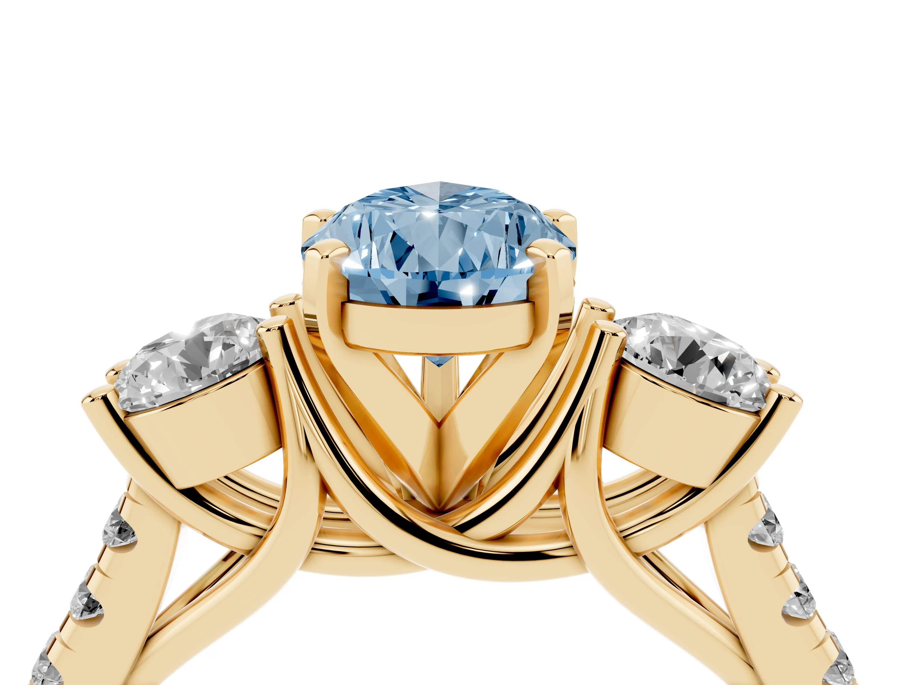 Fancy Blue Three-Stone Pear Cut Diamond Pavé Band Ring Set in Yellow gold with Prong-Set Trio