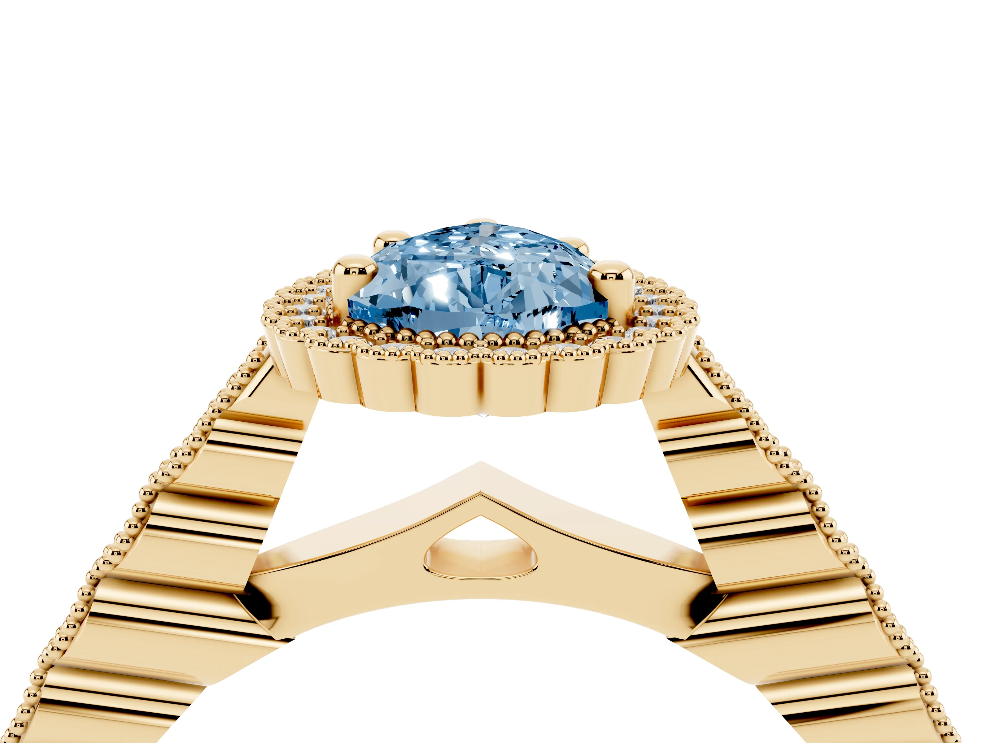 Fancy Blue Pear Cut Diamond Halo Ring Set in Yellow gold with Pavé Milgrain Band