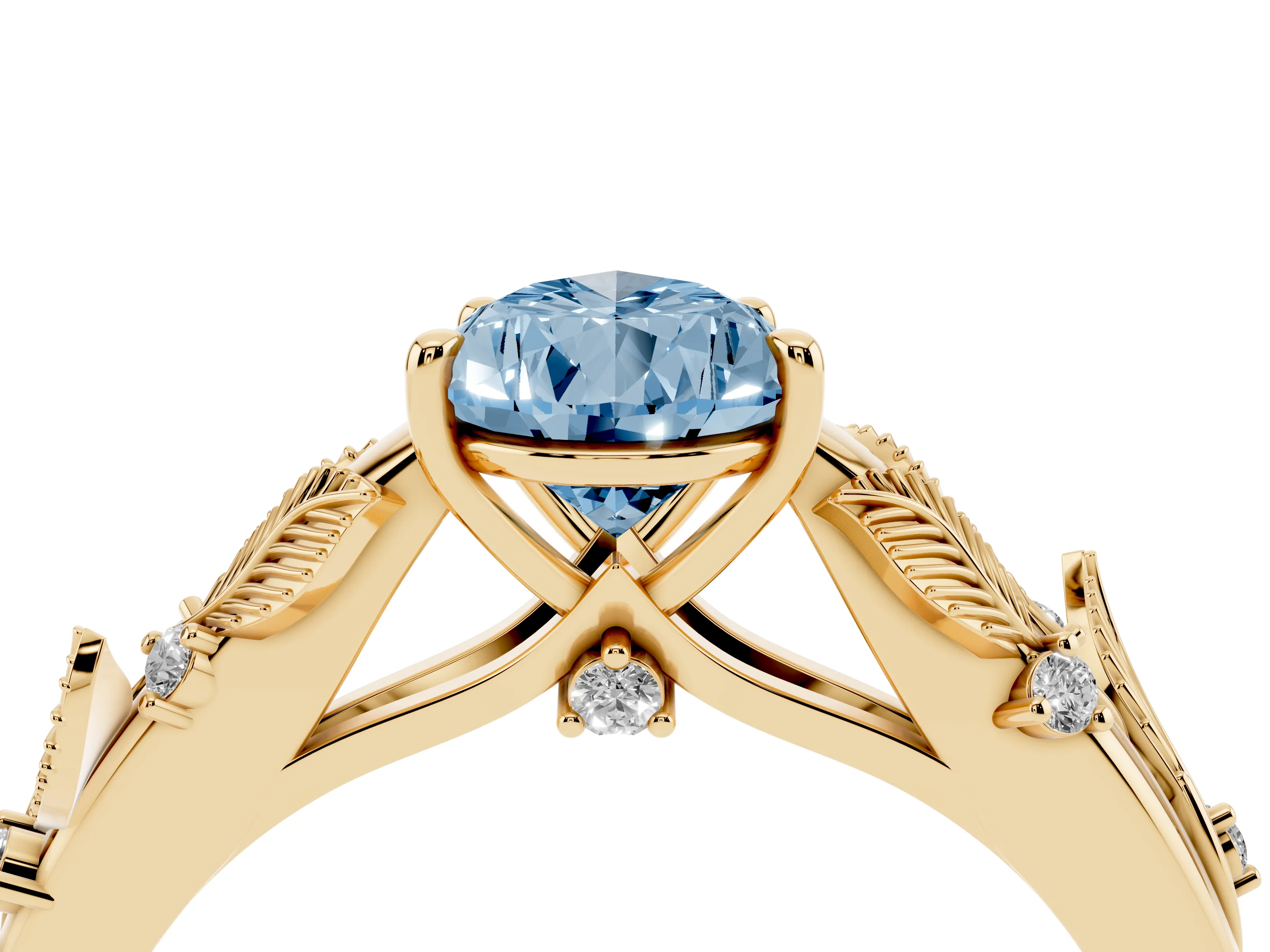 Fancy Blue Pear Cut Diamond Solitaire Ring Set in Yellow gold with Leaf Motif Band