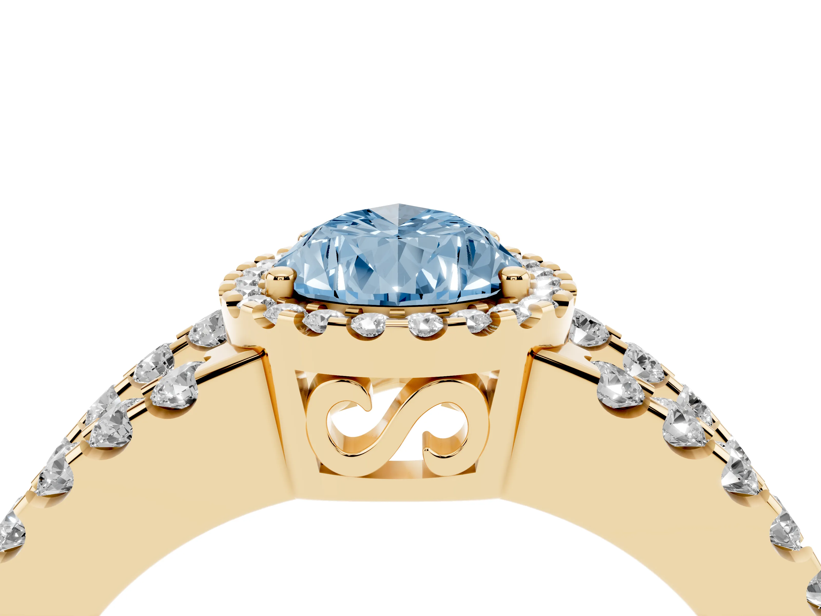Fancy Blue Pear Cut Diamond Halo Ring Set in Yellow gold with Pavé Split Shank and Prong Setting