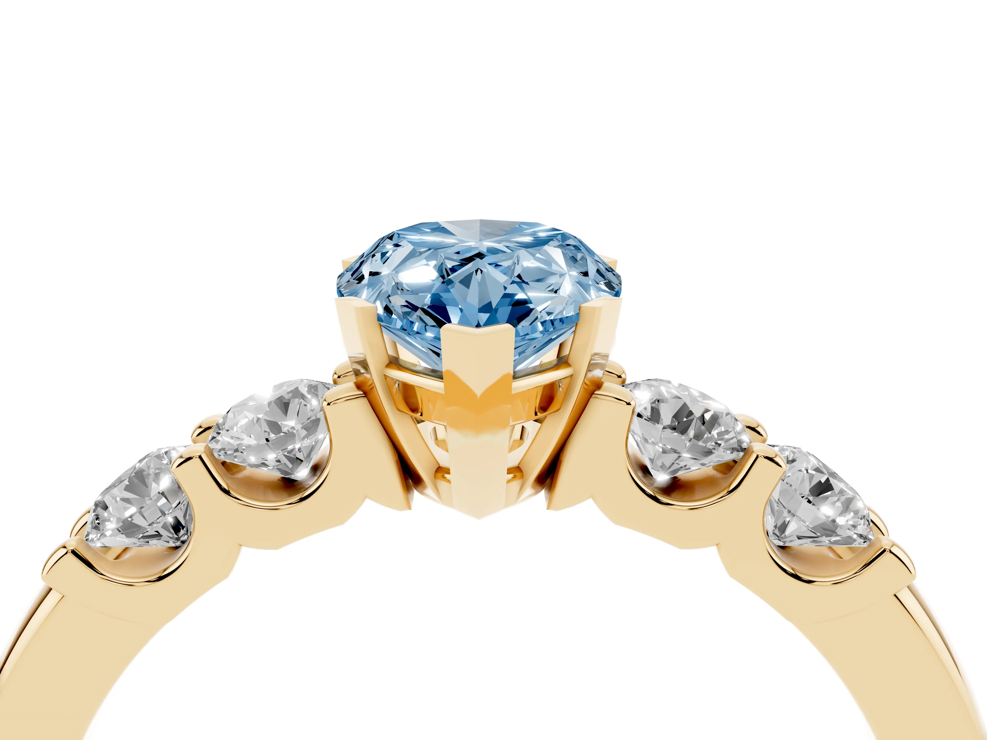 Fancy Blue Pear Cut Diamond Five-Stone Prong Set Engagement Ring Set in Yellow gold with Channel Band