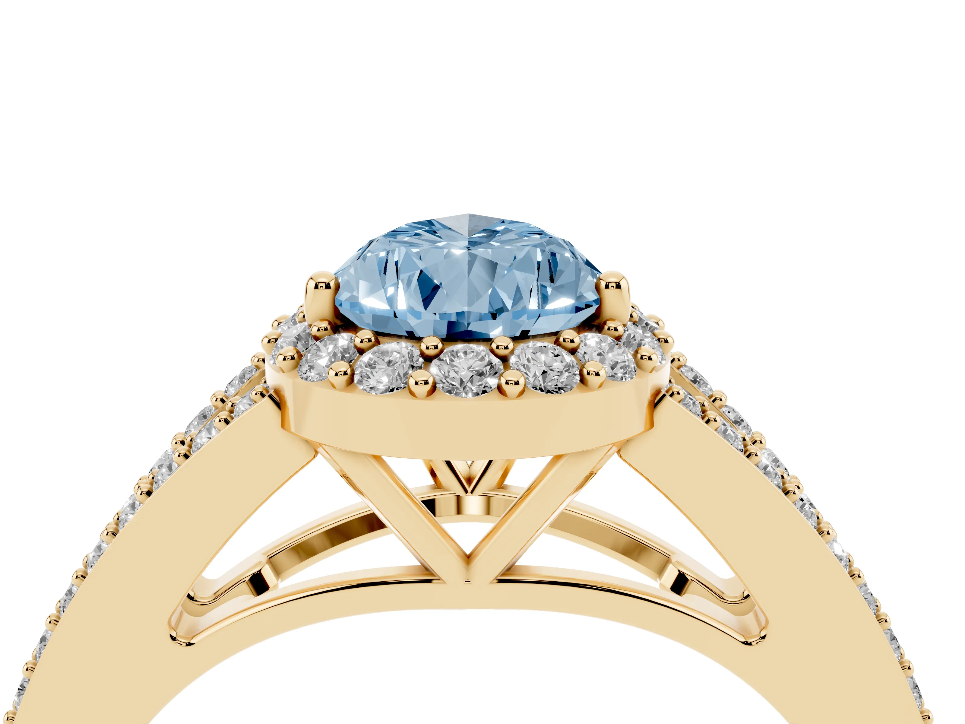 Fancy Blue Pear Cut Diamond Halo Split Shank Pavé Ring Set in Yellow gold with Prong Setting