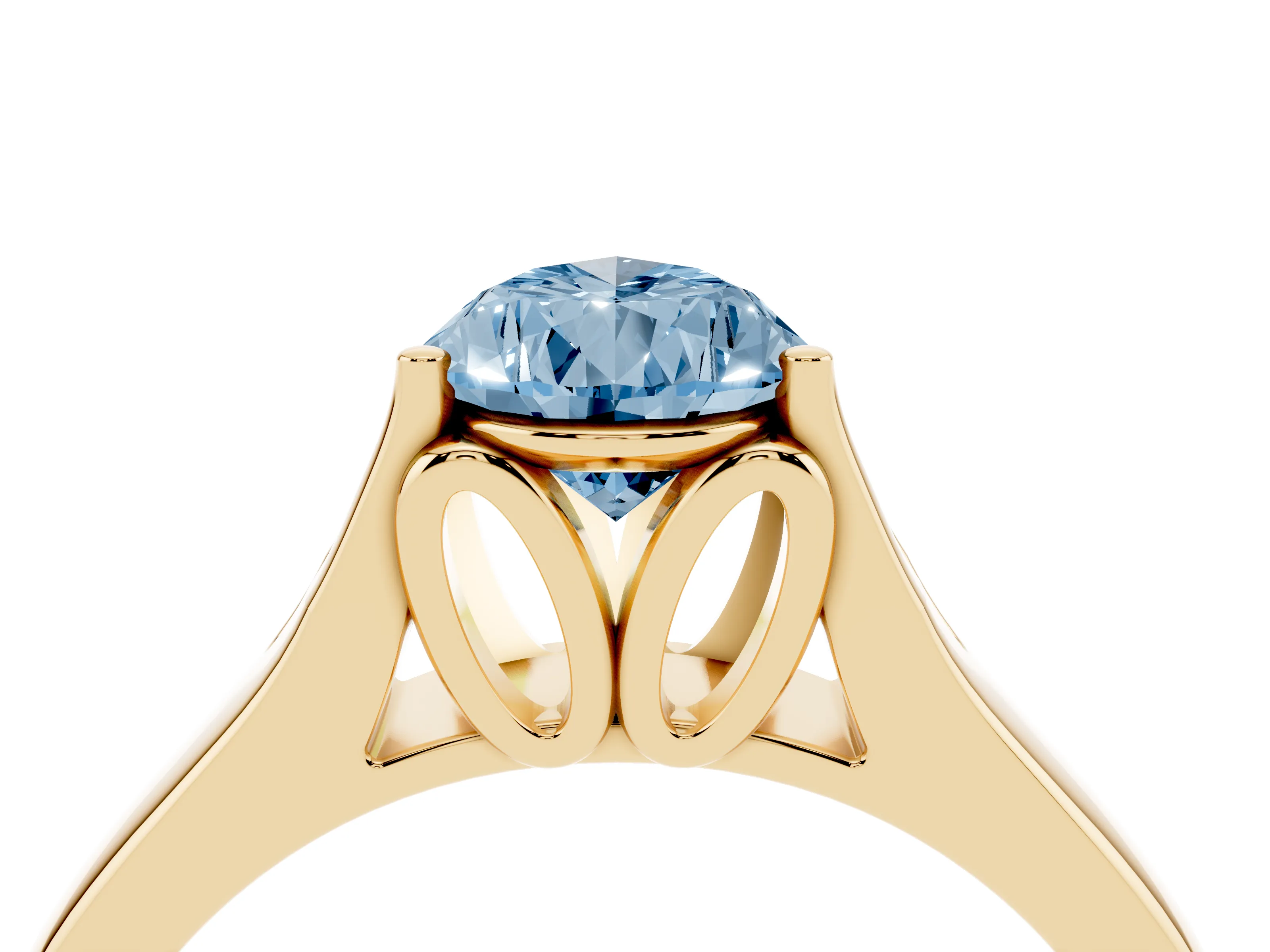 Fancy Blue Pear Cut Diamond Solitaire Ring Set in Yellow gold with Arched Cathedral Band and Prong Setting