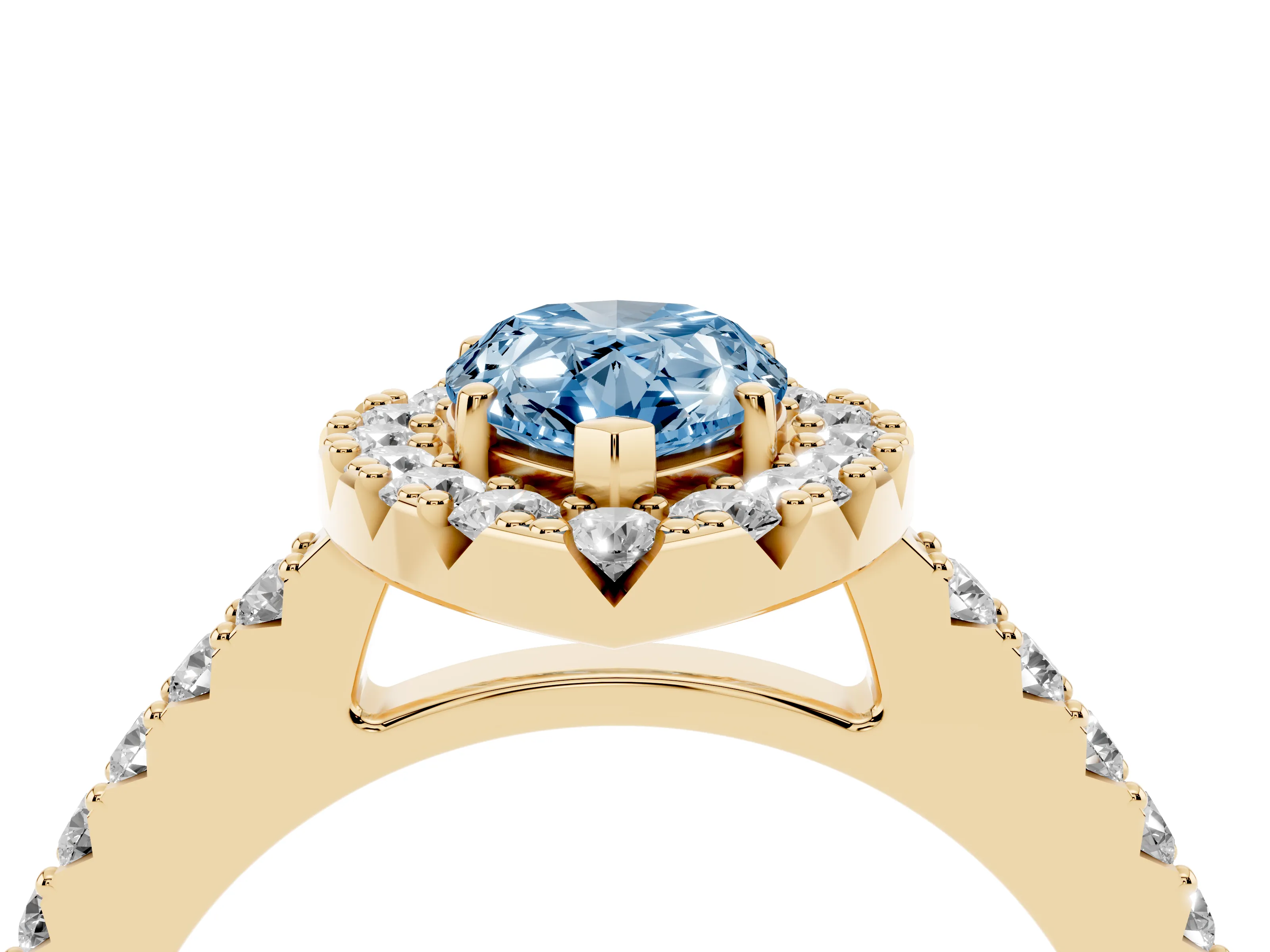 Fancy Blue Pear Cut Diamond Halo Pavé Solitaire Ring Set in Yellow gold with Prong-Set Center Stone