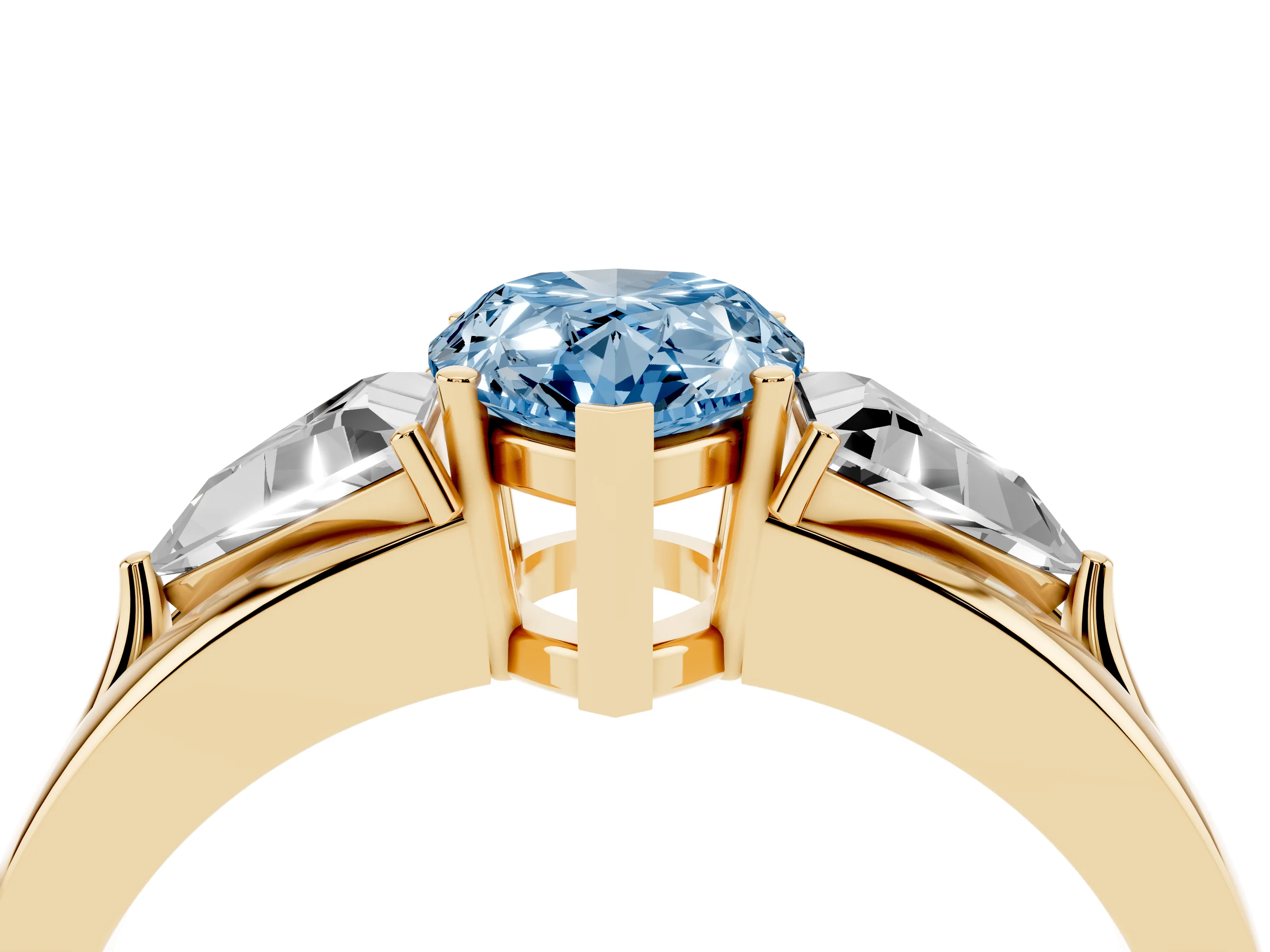 Fancy Blue Pear Cut Diamond Three-Stone Ring Set in Yellow gold with Trillion Side Stones and Split Shank