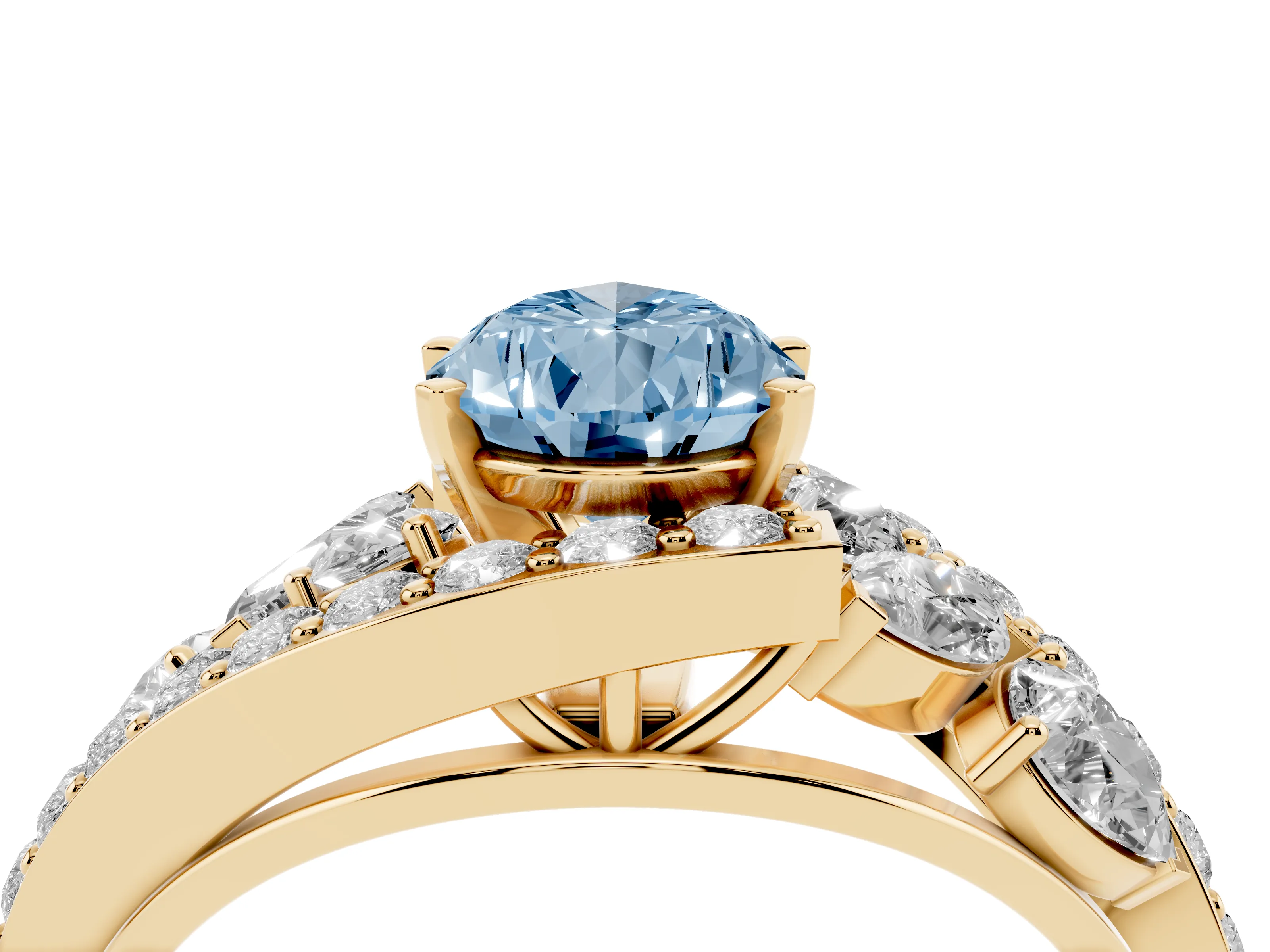 Fancy Blue Pear Cut Diamond Halo Ring Set in Yellow gold with Marquise and Pavé Band in Prong Setting