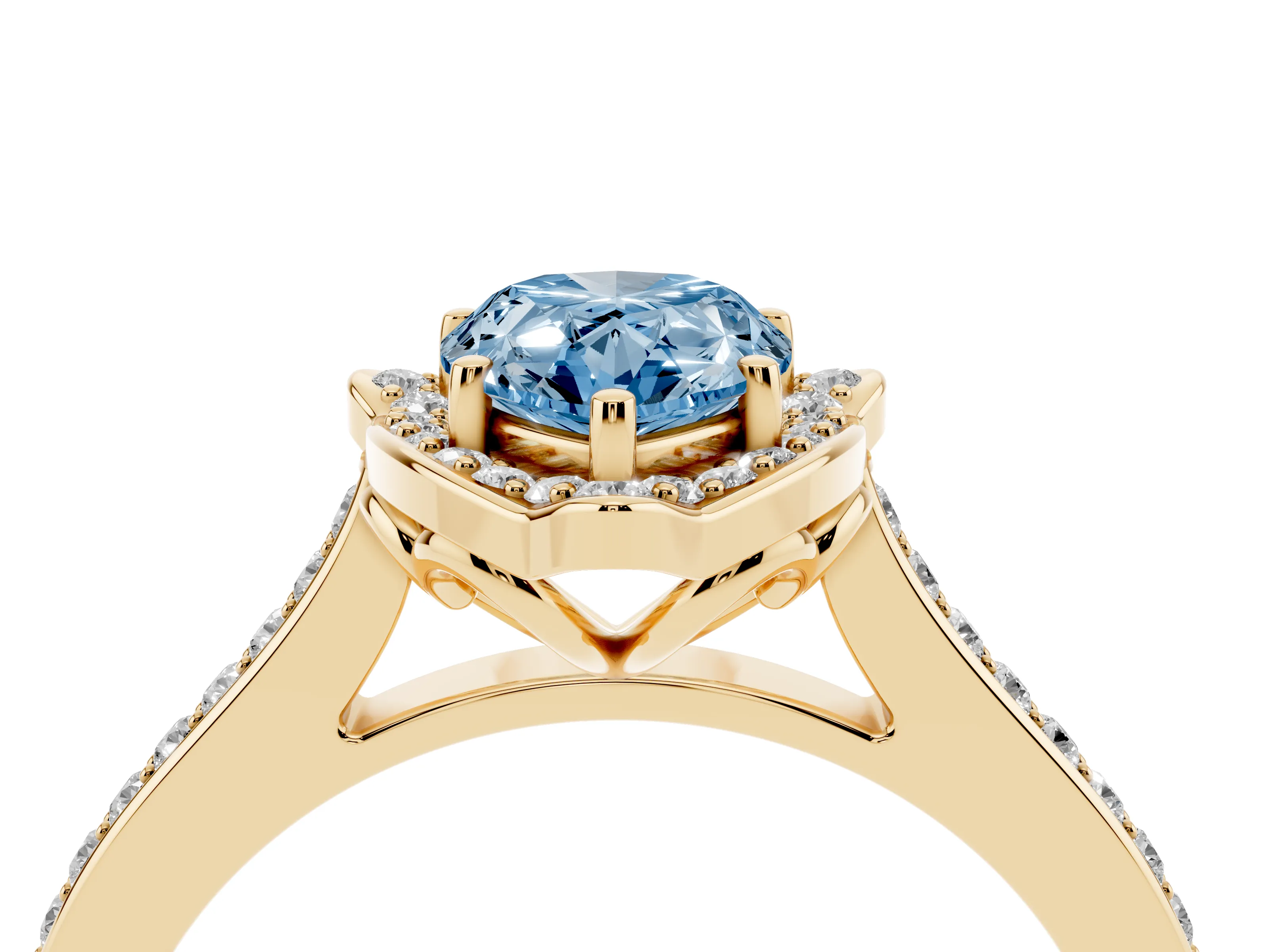 Fancy Blue Pear Cut Diamond Halo Ring Set in Yellow gold with Pavé-Lined Shoulders and Prong Setting