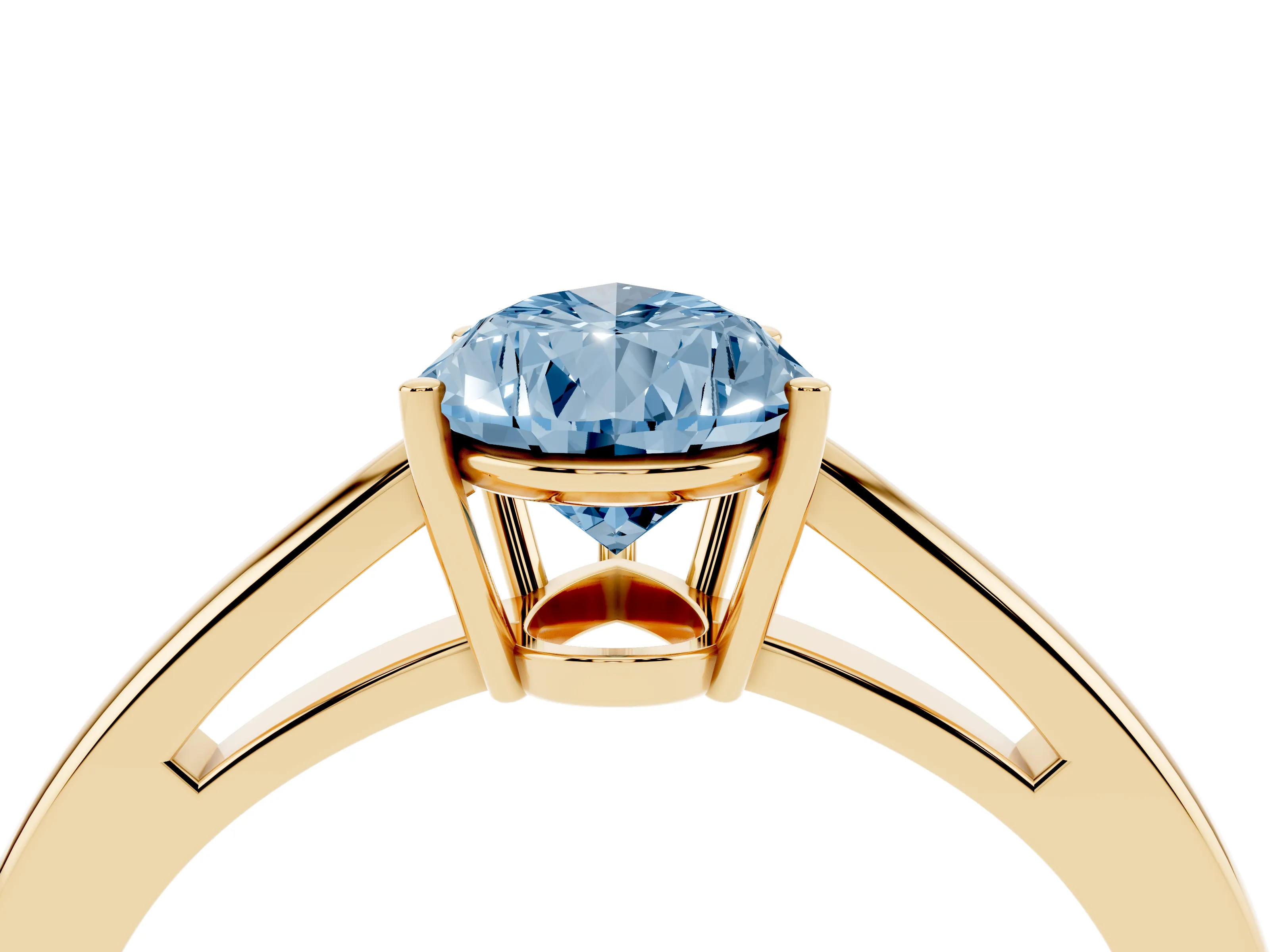 Fancy Blue Pear Cut Diamond Solitaire Ring Set in Yellow gold with Split Shank and Prong Setting