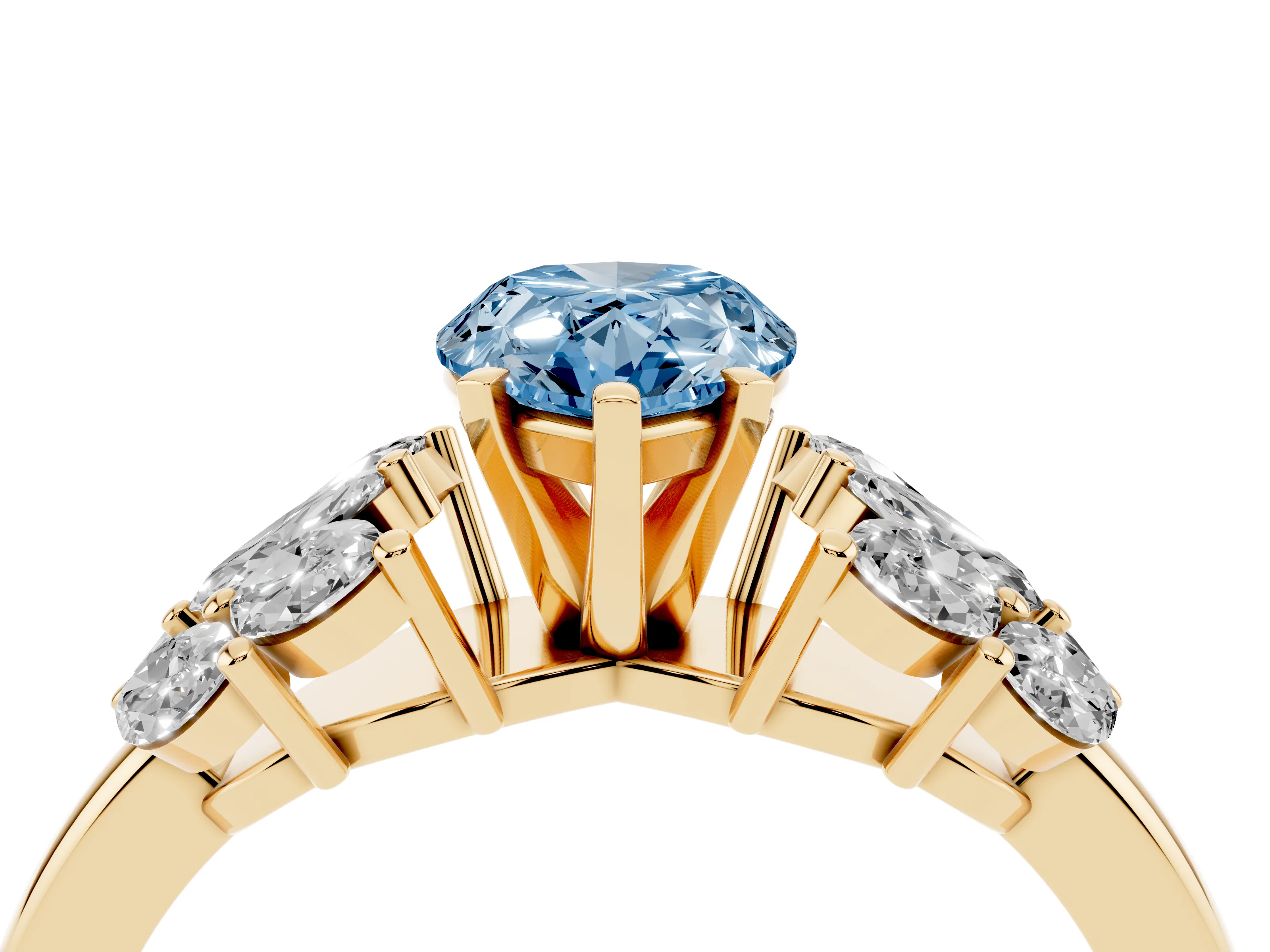 Fancy Blue Pear Cut Diamond Cluster Leaf Design Ring Set in Yellow gold with Prong Setting