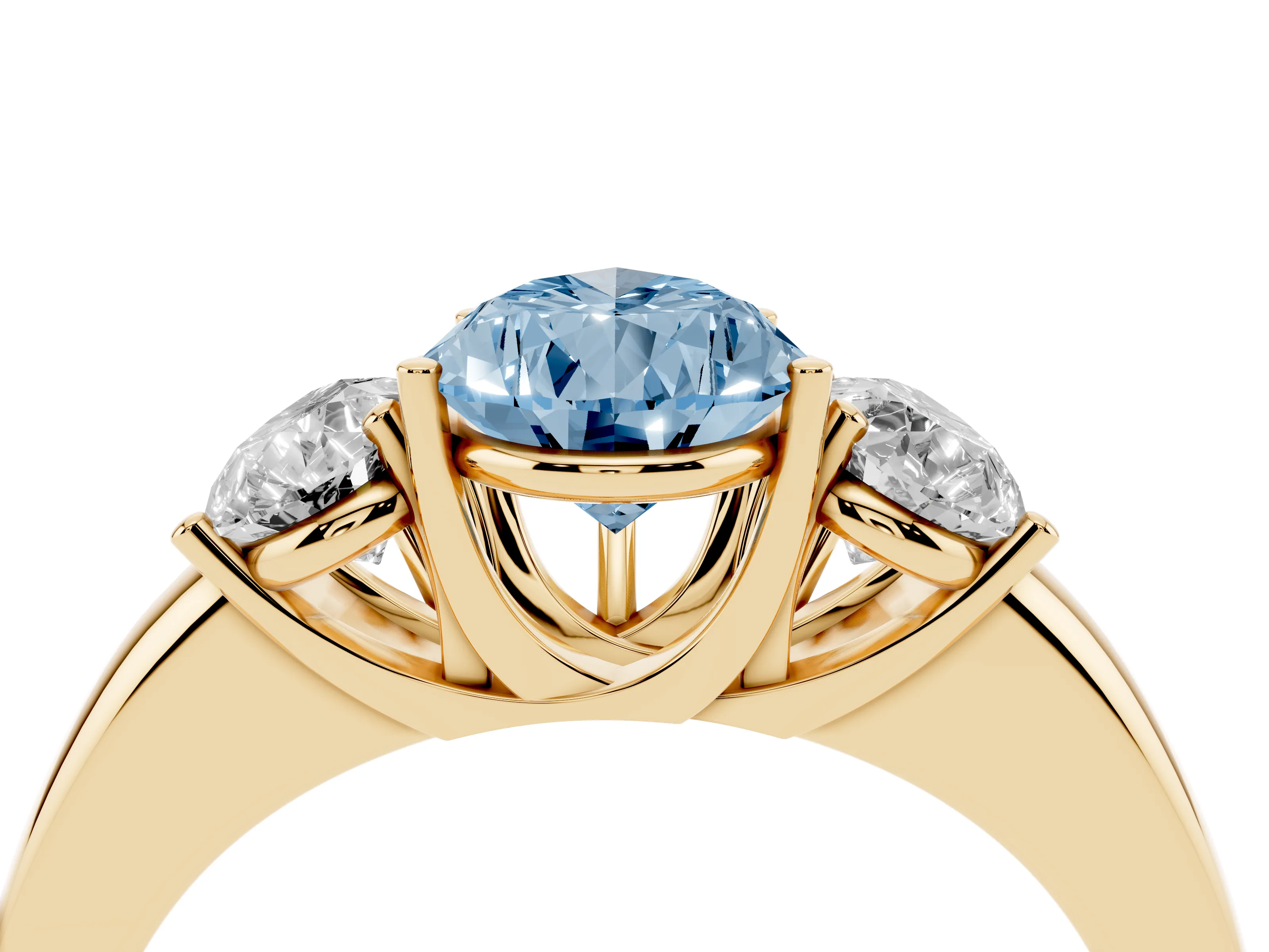 Fancy Blue Pear Cut Diamond Three-Stone Ring Set in Yellow gold with Bold Center and Classic Band