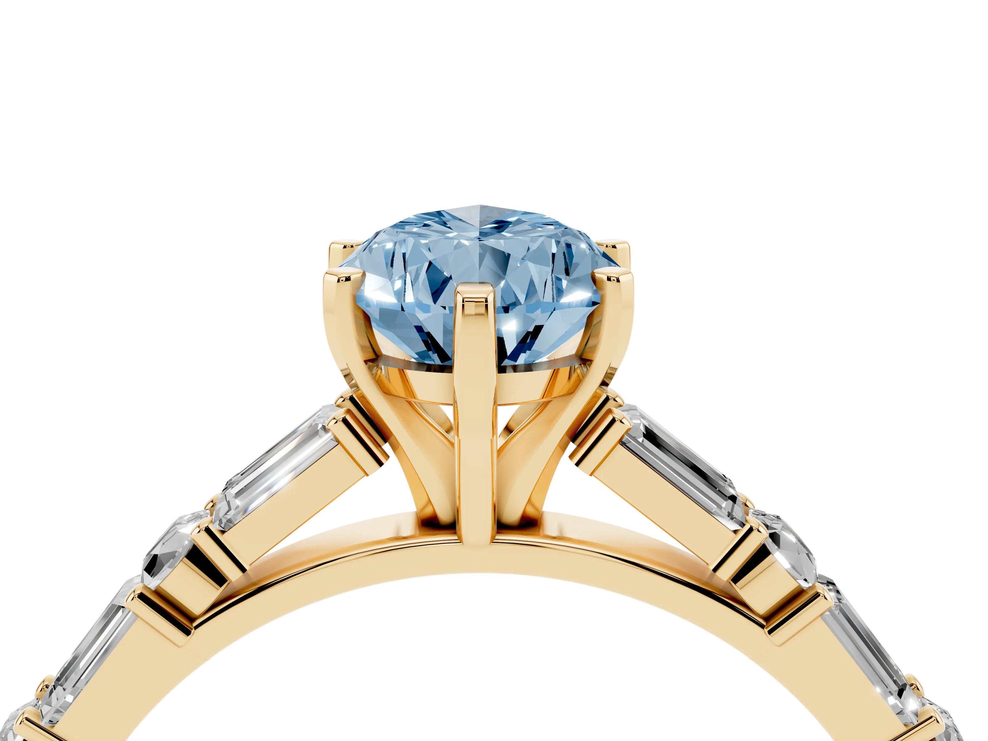 Fancy Blue Pear Cut Diamond Solitaire Set in Yellow gold with Side Baguettes and Channel Set Band