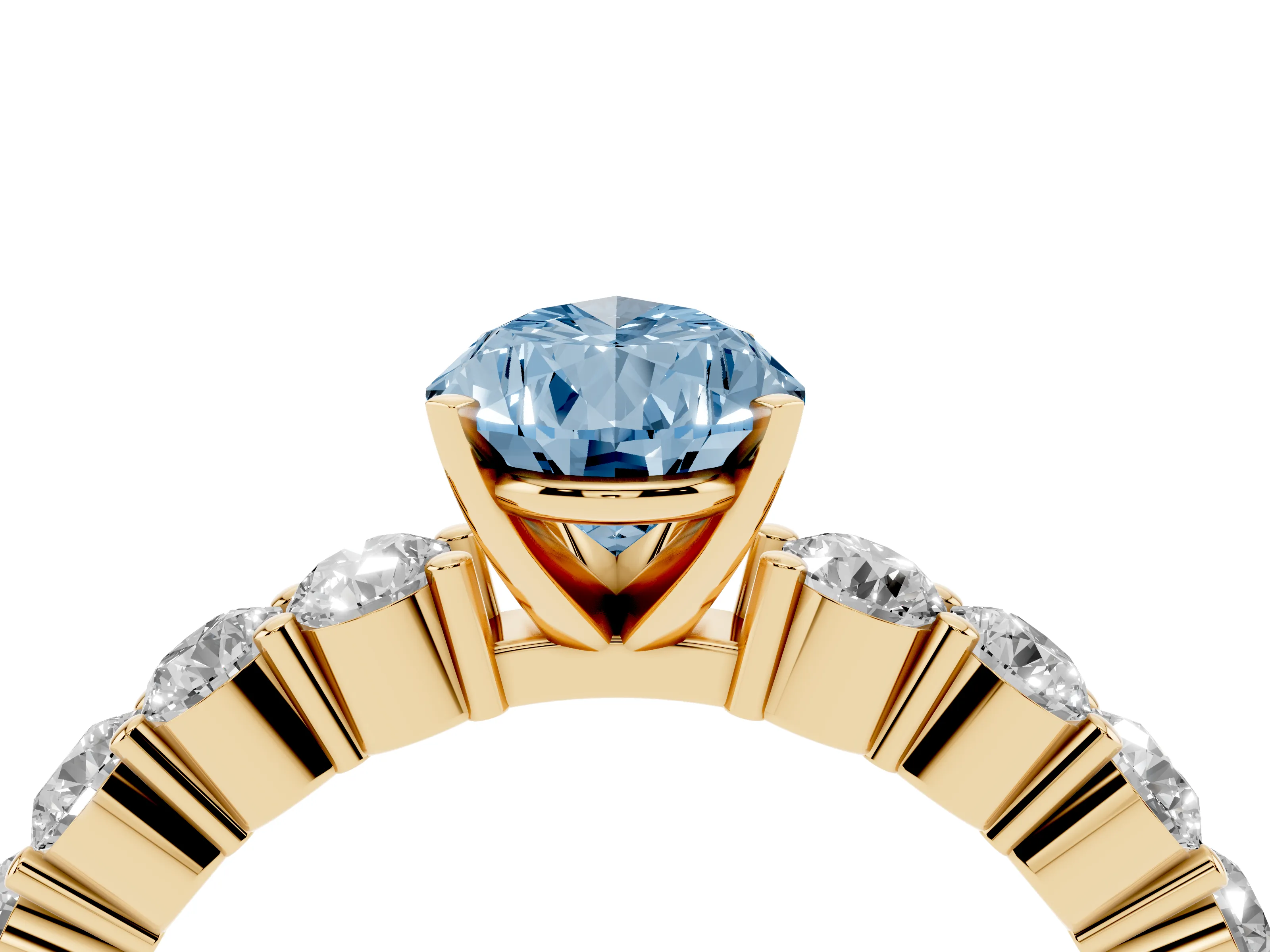 Fancy Blue Pear Cut Diamond Solitaire Ring Set in Yellow gold with Shared Prong Round Side Stones