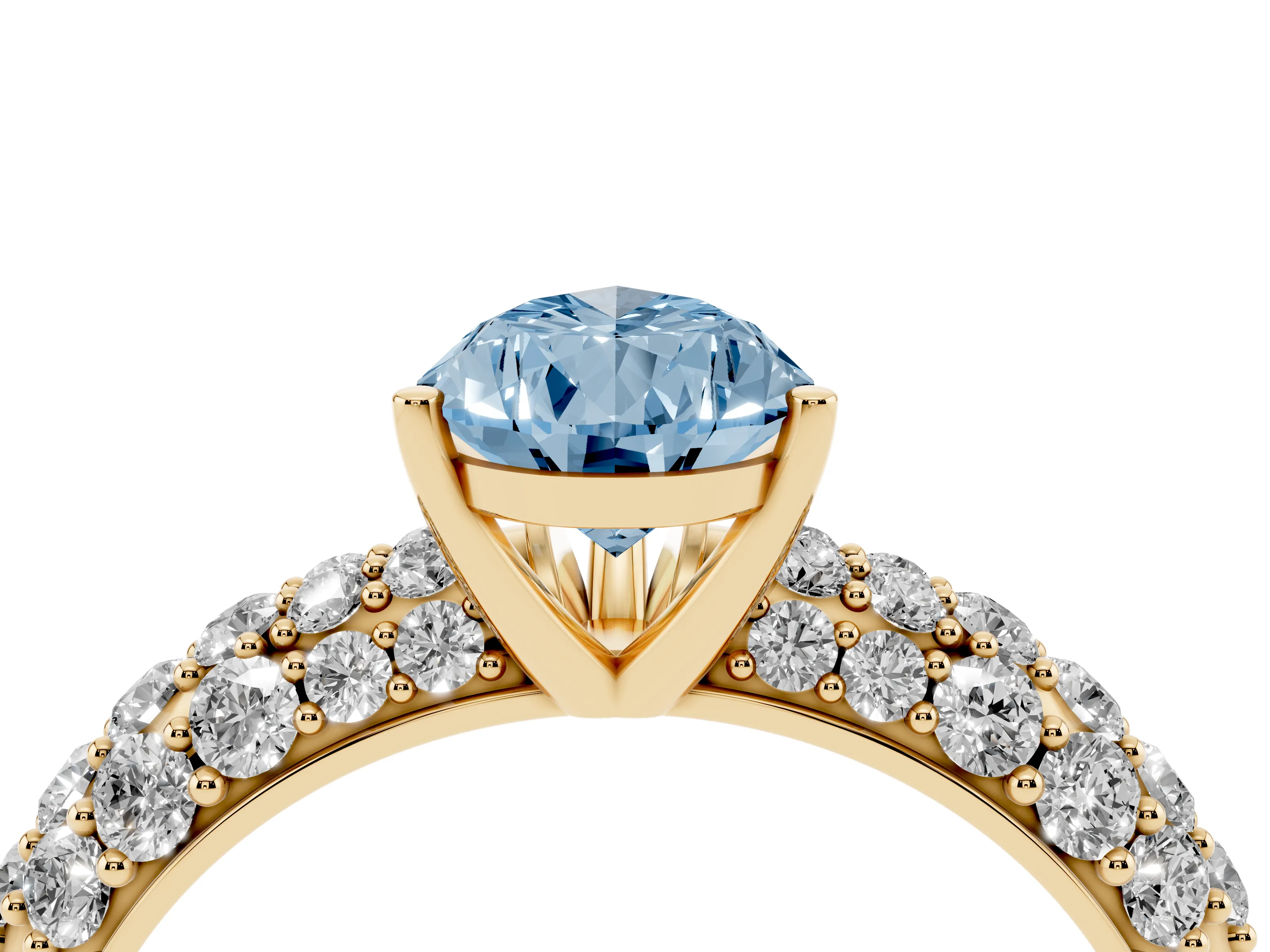 Fancy Blue Pear Cut Diamond Pavé Band Solitaire Ring Set in Yellow gold with Close-Set Accent Stones and Prong Setting