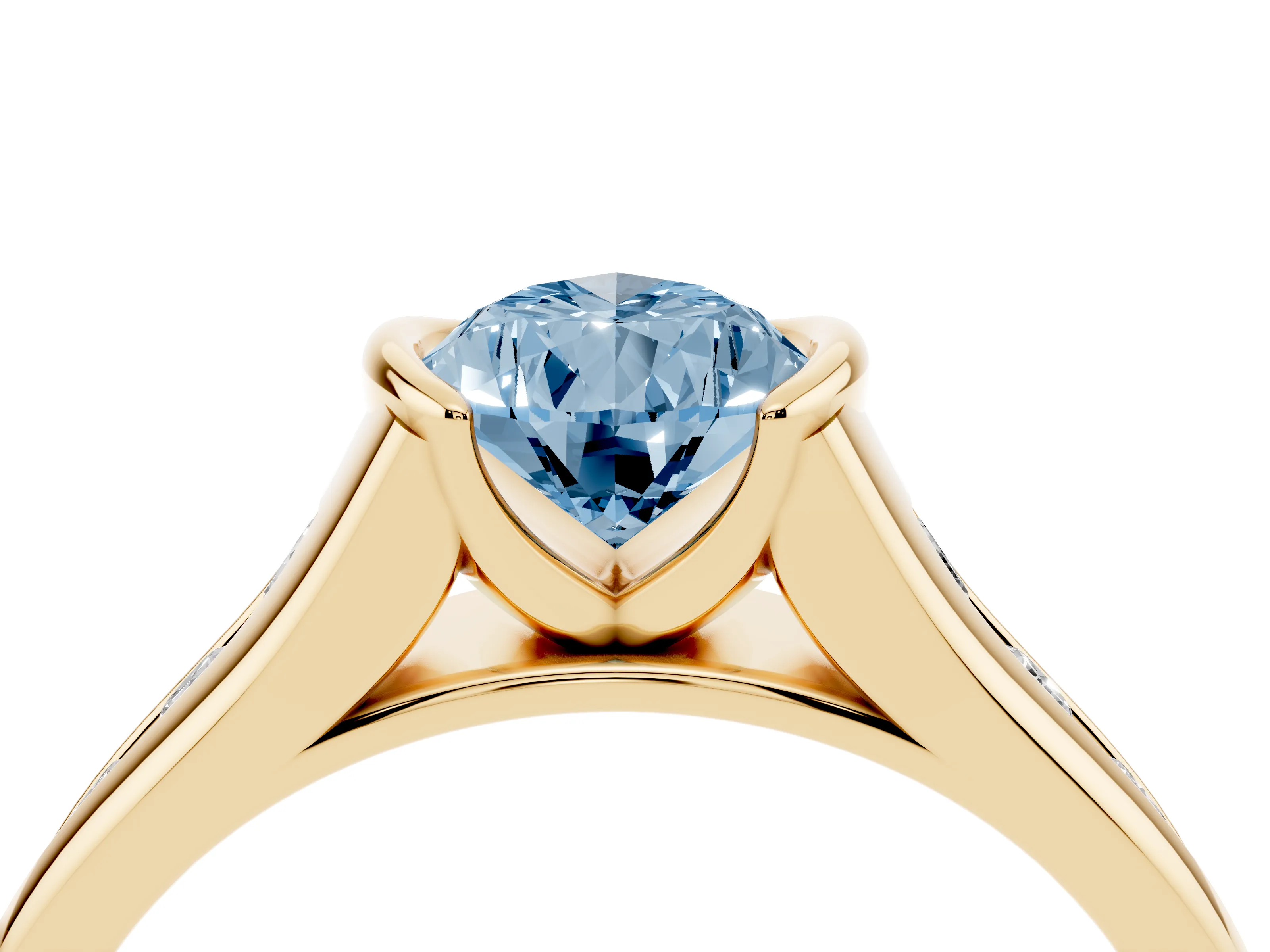 Fancy Blue Pear Cut Diamond Bezel-Set Solitaire Ring Set in Yellow gold with Channel-Set Band