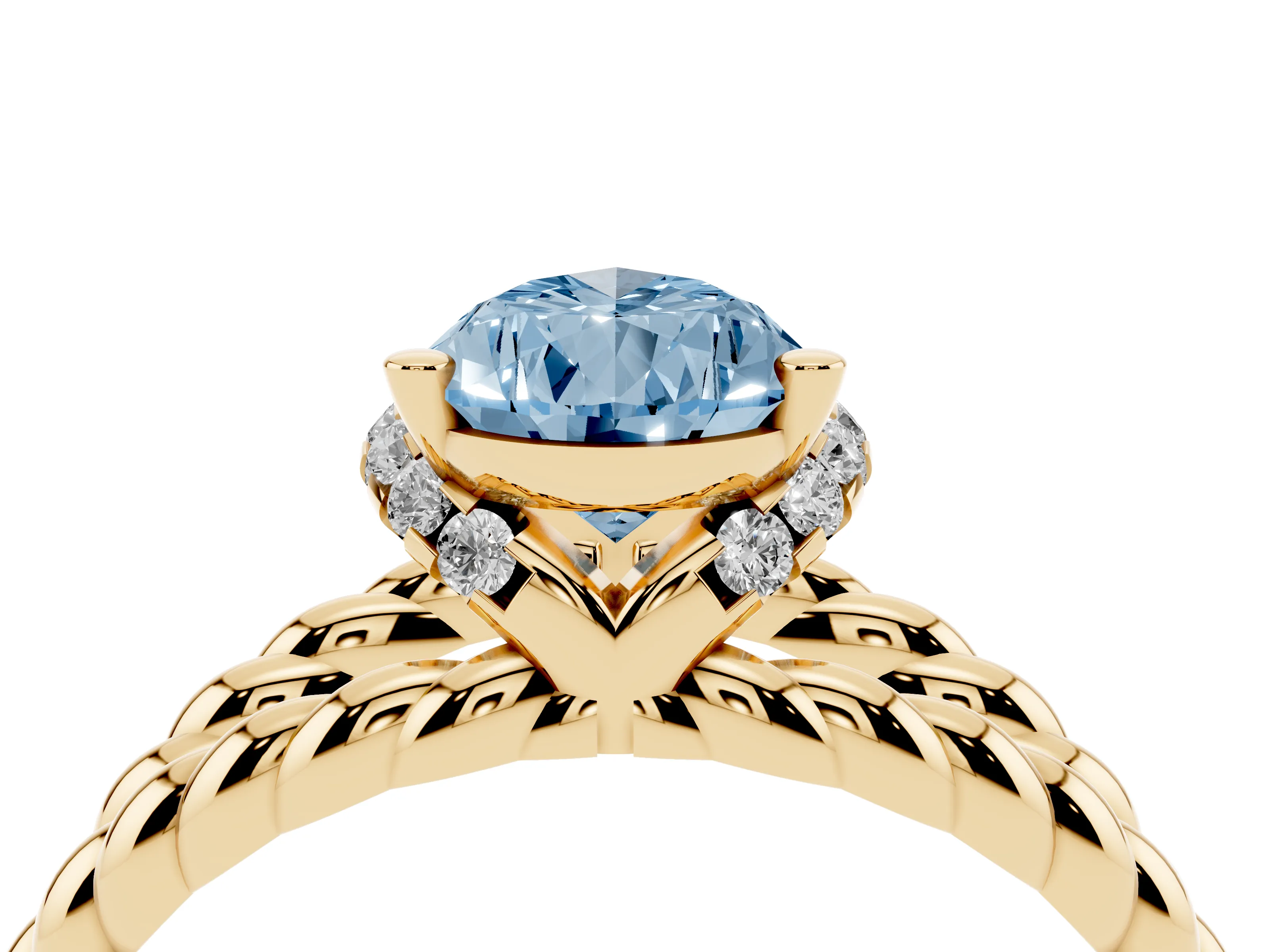 Fancy Blue Pear Cut Diamond Halo Ring Set in Yellow gold with Twisted Band and Prong Setting